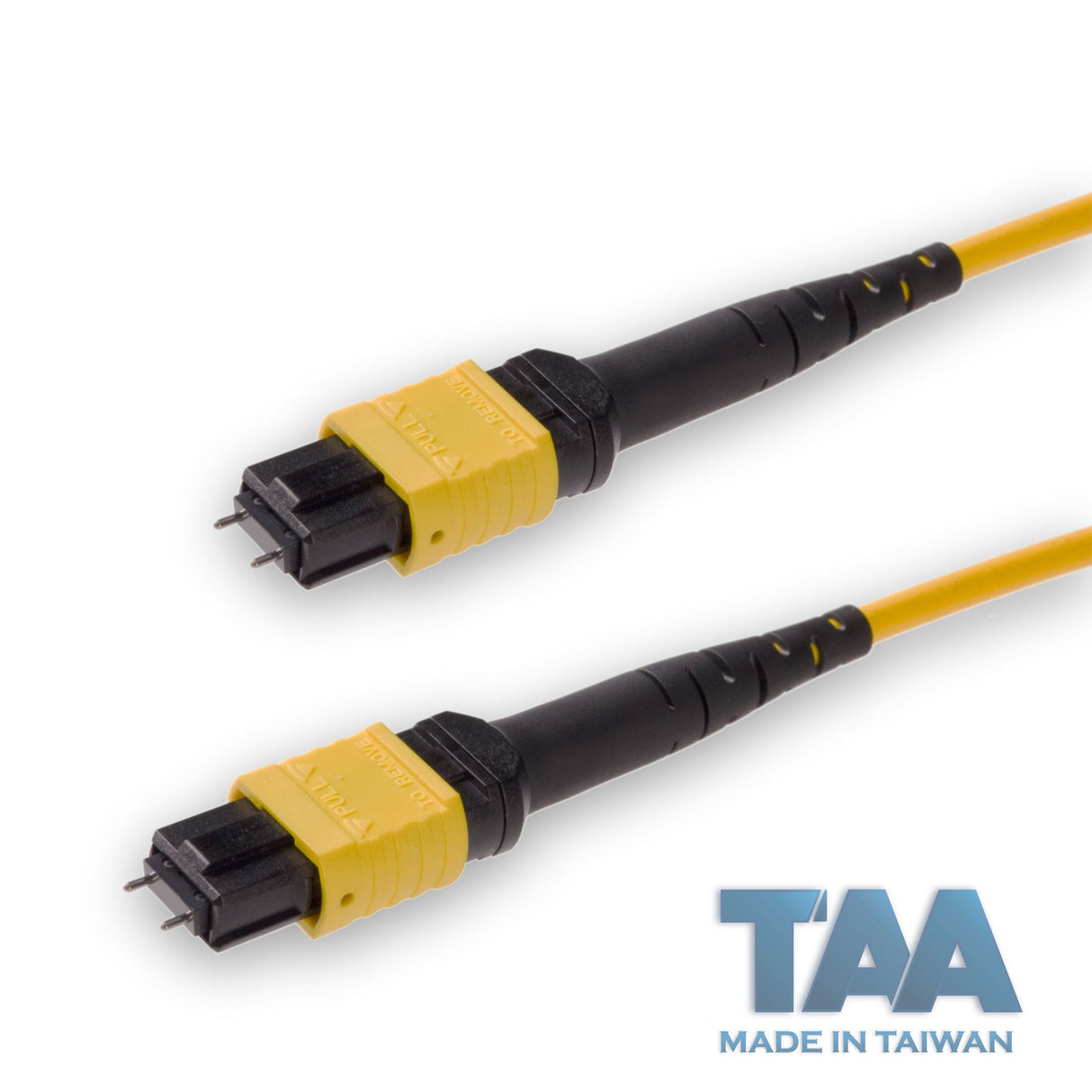 TAA Compliant | 12-Fiber Low Loss Pinned MPO/APC to Pinned MPO/APC Jumper Cable | Corning SMF-28 Ultra Single-mode Optical Fiber | OS1/OS2 Compatible | Type A, Yellow MPO Connector, Yellow OFNP Cable Jacket