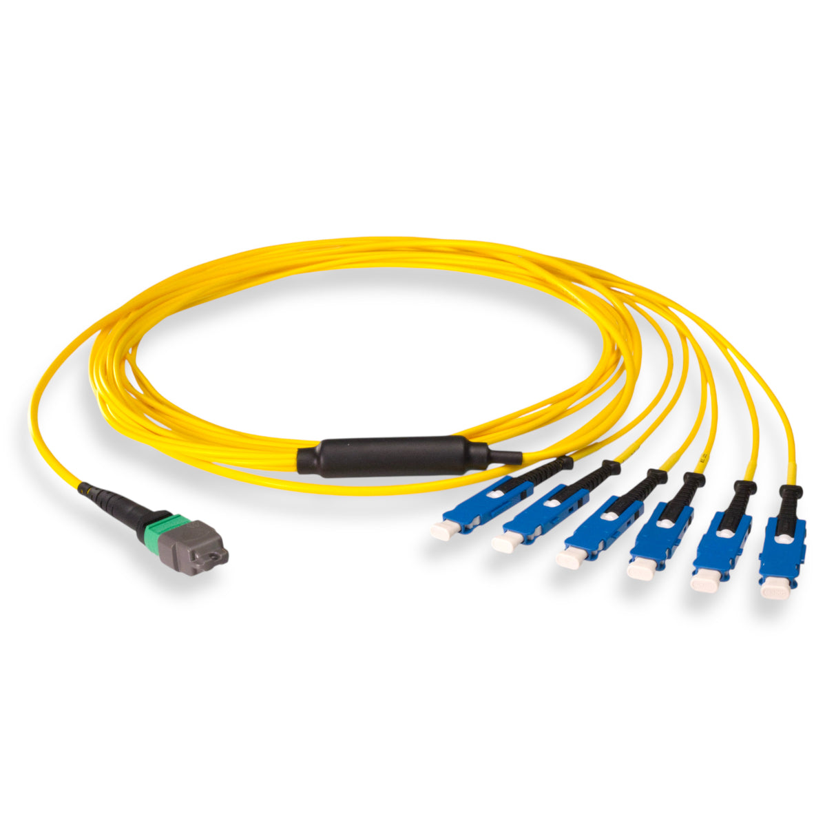 12-Fiber Non-Pinned MTP/APC to 6 x SN/UPC Fanout Cable | Corning® SMF-28® Ultra Single-mode Optical Fiber | OS1/OS2 Compatible | Type B, Green MTP Connector, Blue SN Connector, Yellow Cable Jacket | OFNP Jacket