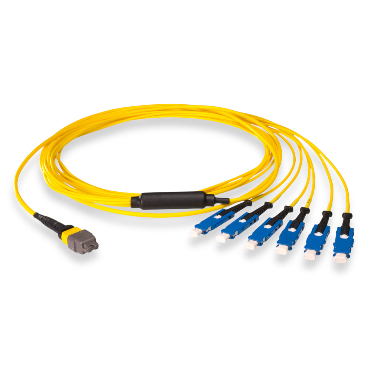 12-Fiber Non-Pinned MTP/APC to 6 x SN/UPC Fanout Cable | Corning® SMF-28® Ultra Single-mode Optical Fiber | OS1/OS2 Compatible | Type B, Yellow MTP Connector, Blue SN Connector, Yellow Cable Jacket | OFNP Jacket