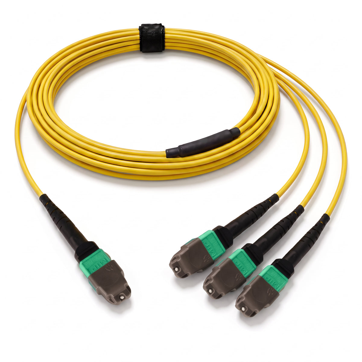 24-Fiber Elite Non-Pinned MTP/APC to Non-Pinned 3 x MTP/APC Breakout Cable | Corning SMF-28 Ultra Single-mode Optical Fiber | OS1/OS2 Compatible | Type B, Yellow MTP Connector, Green 3 x MTP Connector, Yellow OFNP Cable Jacket