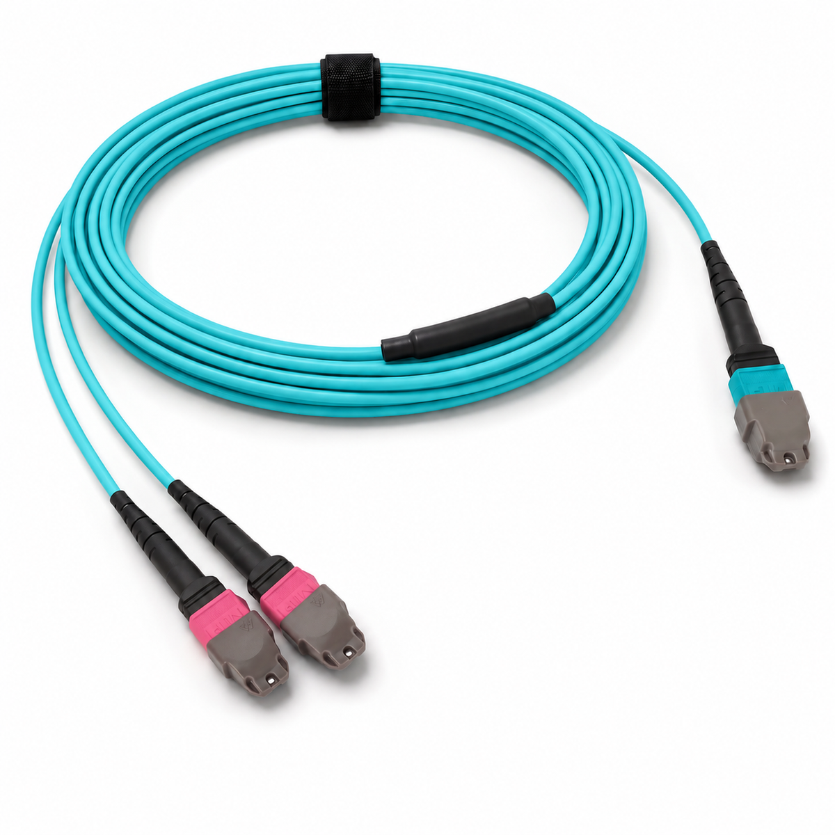 24-Fiber Elite Non-Pinned MTP/UPC to Non-Pinned 2 x MTP/UPC Breakout Cable | Corning ClearCurve OM4 Multimode Optical Fiber | Type A, Aqua MTP Connector, Magenta 2 x MTP Connector, Aqua OFNP Cable Jacket