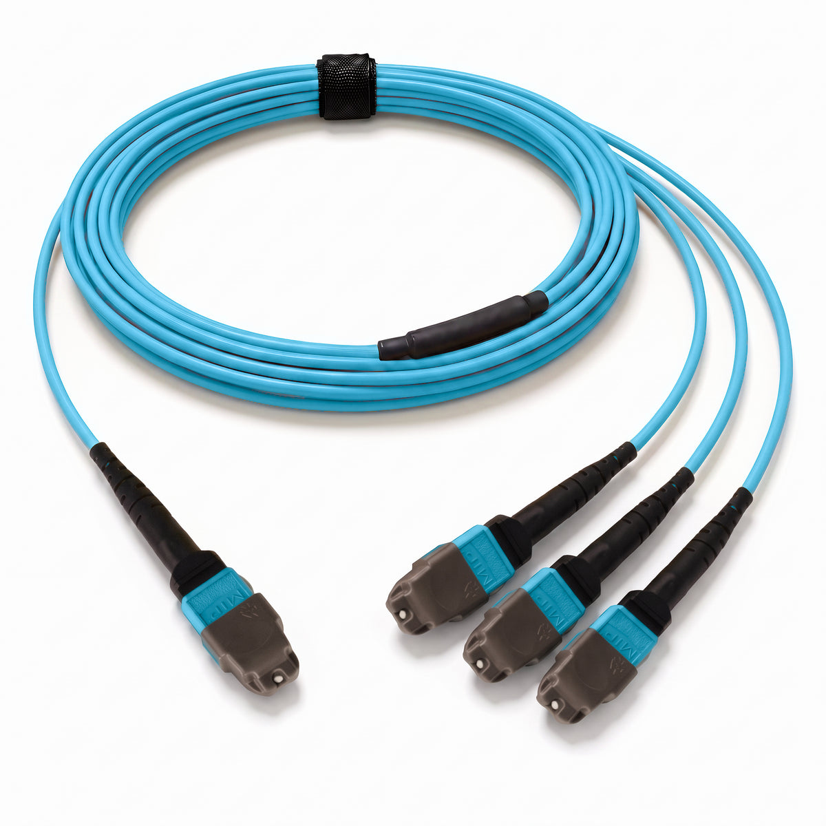 24-Fiber Elite Non-Pinned MTP/UPC to Non-Pinned 3 x MTP/UPC Breakout Cable | Corning ClearCurve OM4 Multimode Optical Fiber | Type B, Aqua MTP Connector, Aqua 3 x MTP Connector, Aqua OFNP Cable Jacket