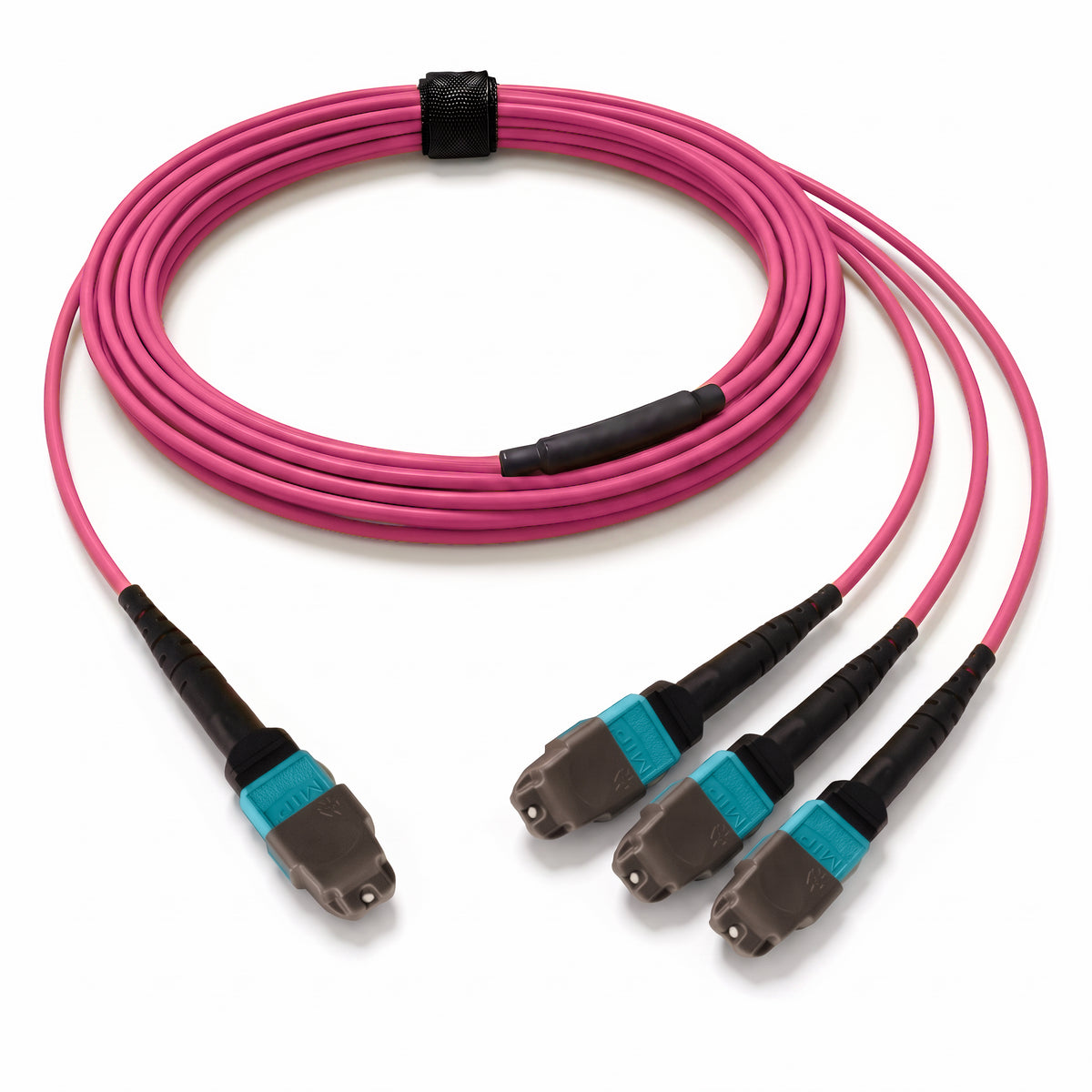 24-Fiber Elite Non-Pinned MTP/UPC to Non-Pinned 3 x MTP/UPC Breakout Cable | Corning ClearCurve OM4 Multimode Optical Fiber | Type B, Aqua MTP Connector, Aqua 3 x MTP Connector, Magenta OFNP Cable Jacket