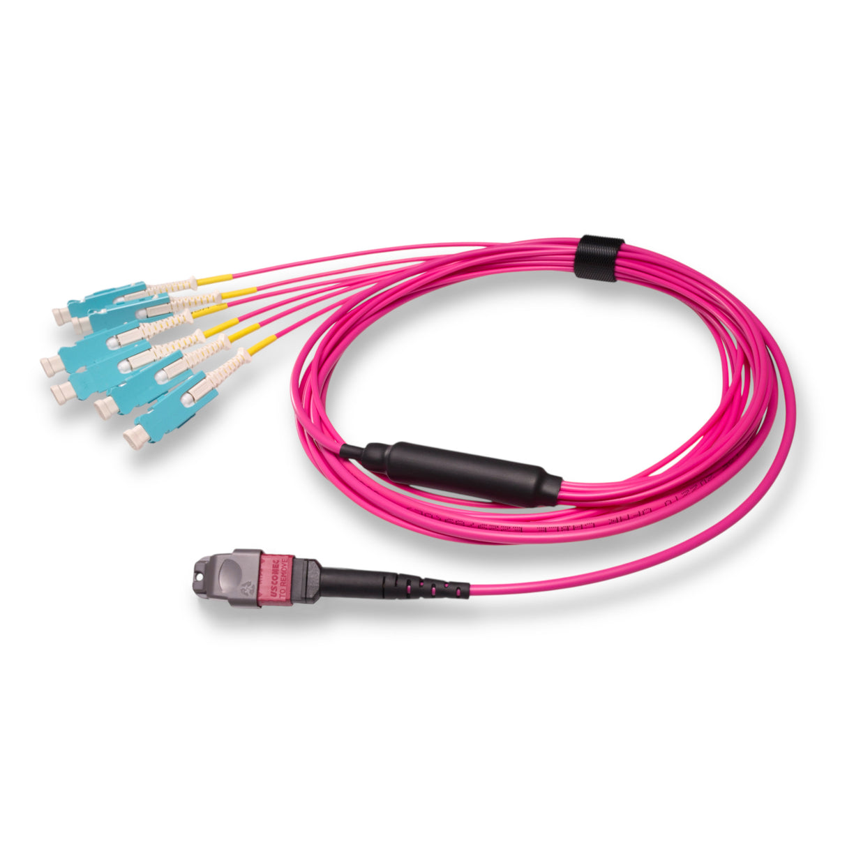12-Fiber Non-Pinned MTP/UPC to 6 x SN/UPC Fanout Cable | Corning® ClearCurve® OM4 Multimode Optical Fiber | Type B, Magenta MTP Connector, Aqua SN Connector, Magenta Cable Jacket | OFNP Jacket