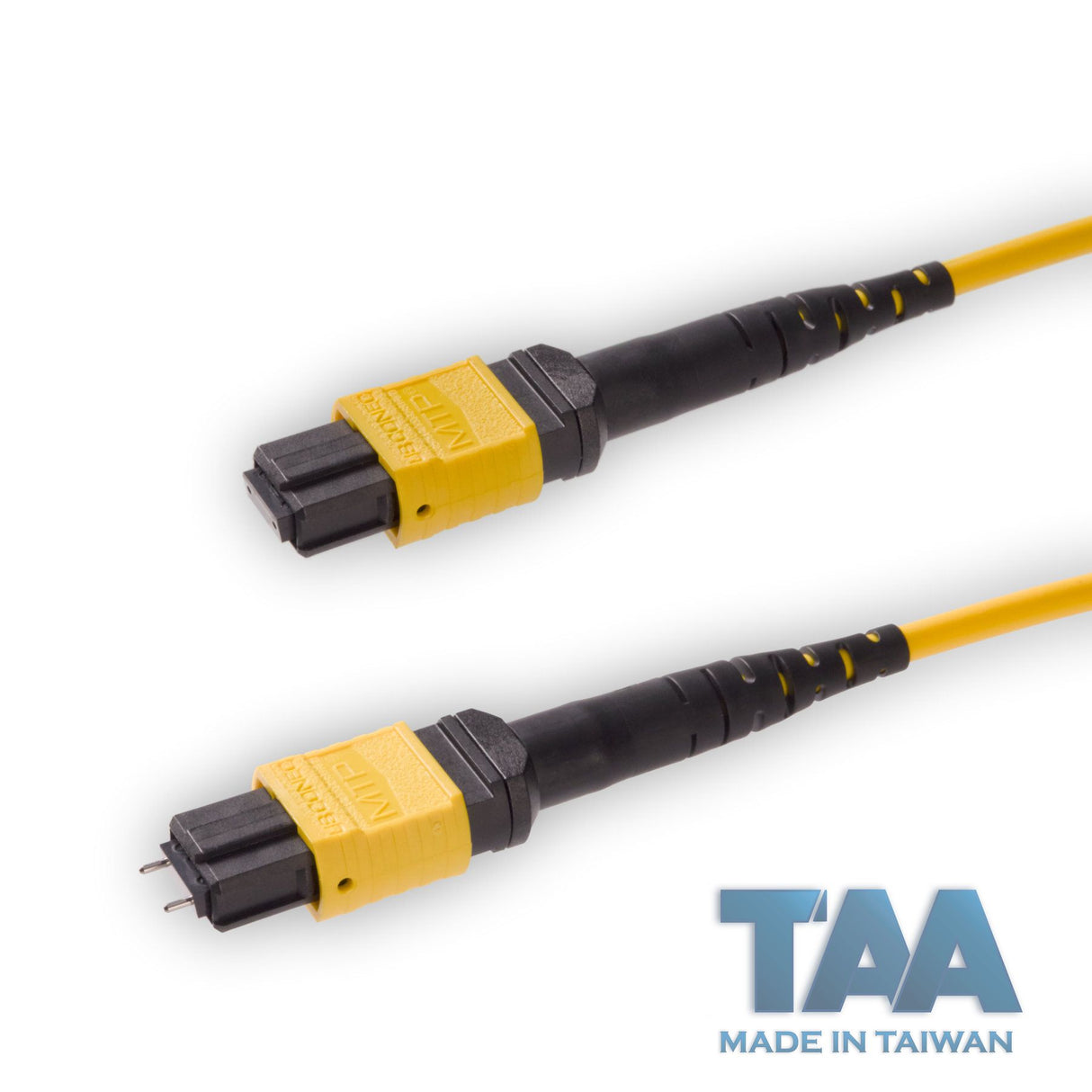 TAA Compliant | 12-Fiber Elite Pinned MTP/APC to Non-Pinned MTP/APC Jumper Cable | Corning SMF-28 Ultra Single-mode Optical Fiber | OS1/OS2 Compatible | Type A, Yellow MTP Connector, Yellow OFNP Cable Jacket