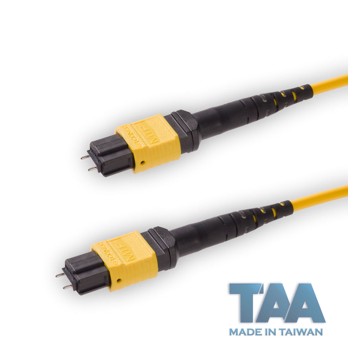 TAA Compliant | 12-Fiber Elite Pinned MTP/APC to Pinned MTP/APC Jumper Cable | Corning SMF-28 Ultra Single-mode Optical Fiber | OS1/OS2 Compatible | Type A, Yellow MTP Connector, Yellow OFNP Cable Jacket