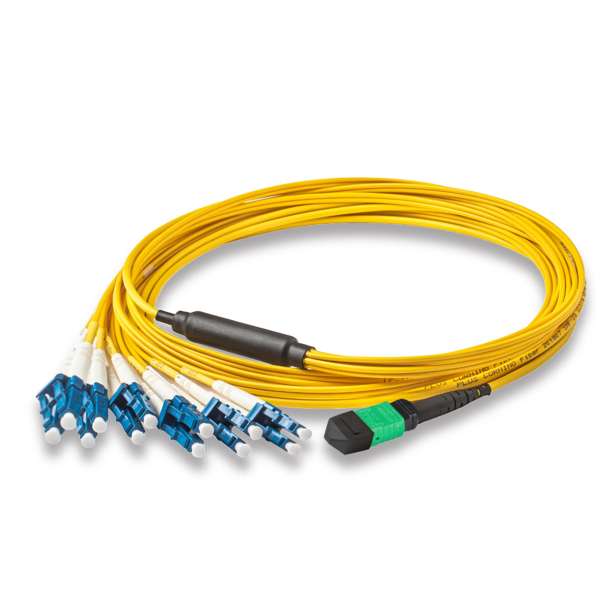 12-Fiber Elite Non-Pinned MTP/APC to 6 x LC/UPC Duplex QSFP Type Breakout Cable | Corning SMF-28 Ultra Single-mode Optical Fiber | OS1/OS2 Compatible | Type B, Green MTP Connector, Blue LC Connector, Yellow OFNP Cable Jacket