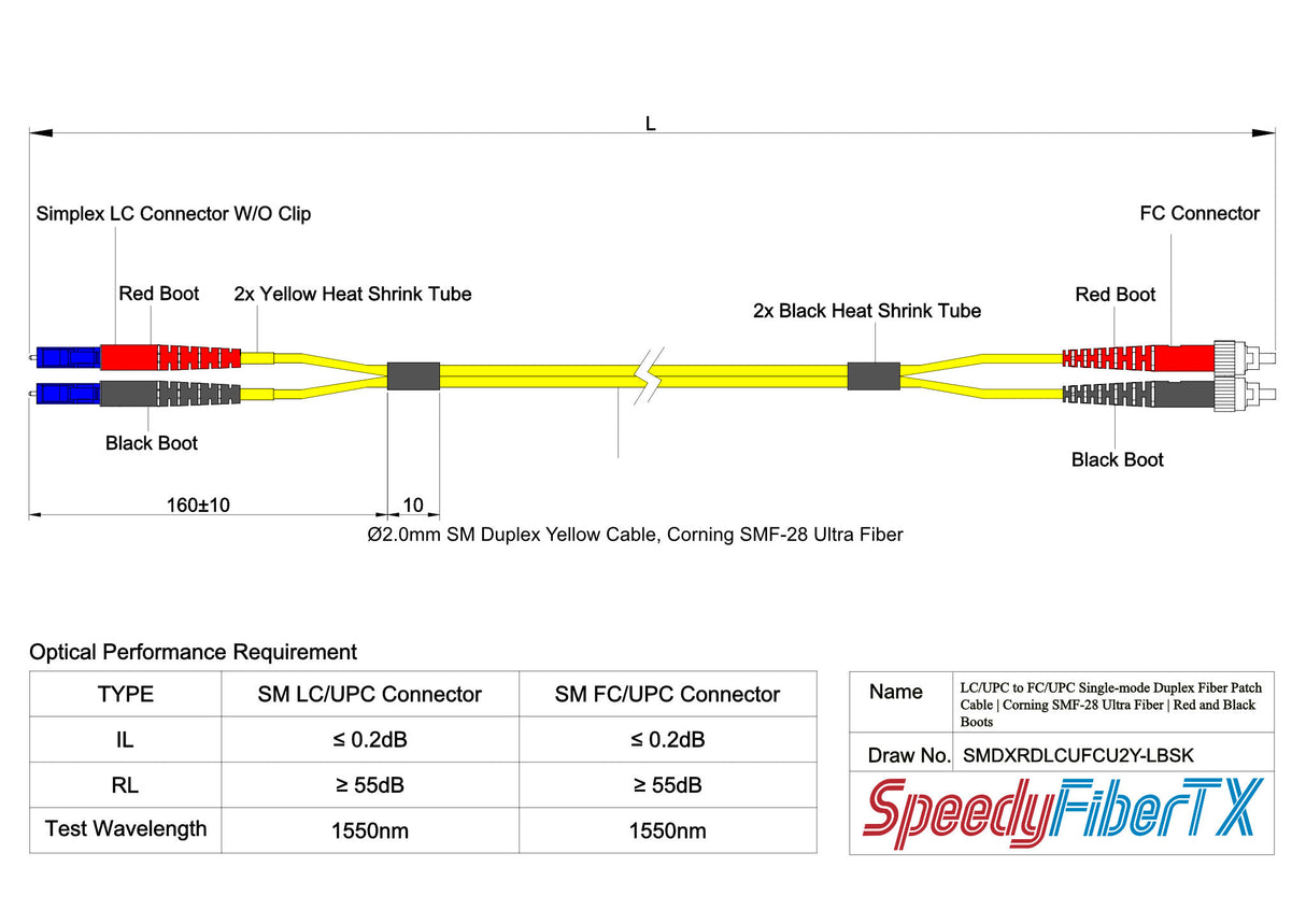 0.2dB LC/UPC to FC/UPC Single-mode Duplex Fiber Patch Cable | Corning SMF-28 Ultra Fiber | Red and Black Boots | OS1/OS2 Compatible | OFNR Jacket