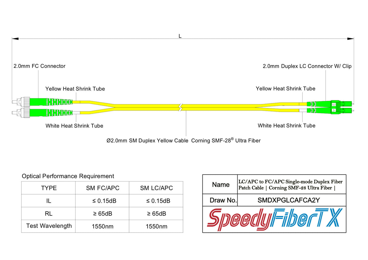 Low Loss 0.15dB LC/APC to FC/APC Single-mode Duplex Fiber Patch Cable | Corning SMF-28 Ultra Fiber | OS1/OS2 Compatible | OFNR Jacket