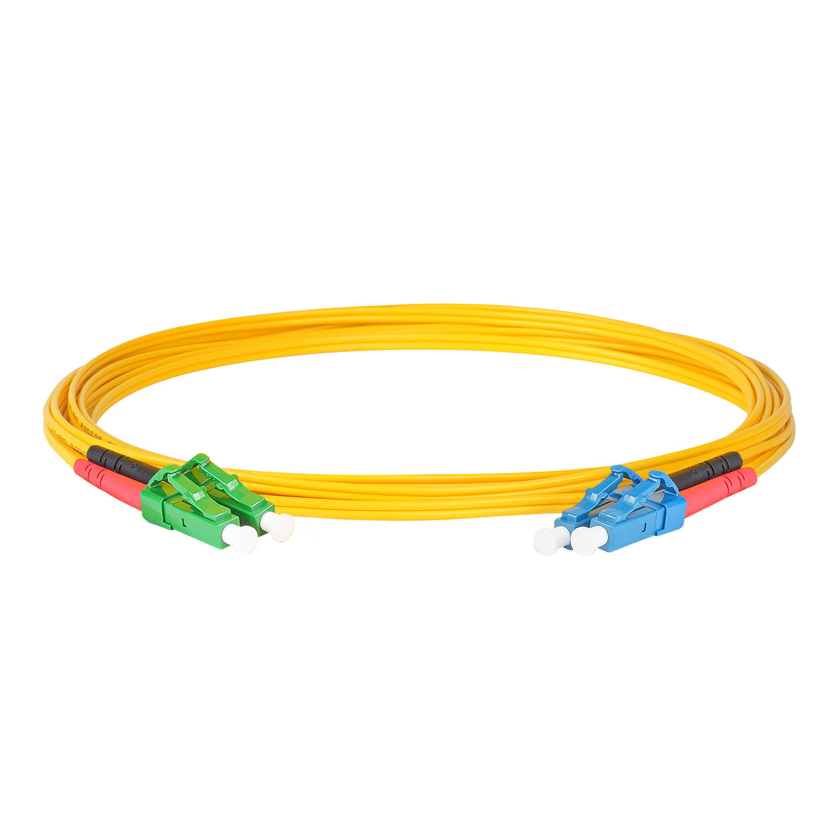 0.2dB LC/APC to LC/UPC Single-mode Duplex Fiber Patch Cable | Corning SMF-28 Ultra Fiber | Red and Black Boots | OS1/OS2 Compatible | OFNR Jacket