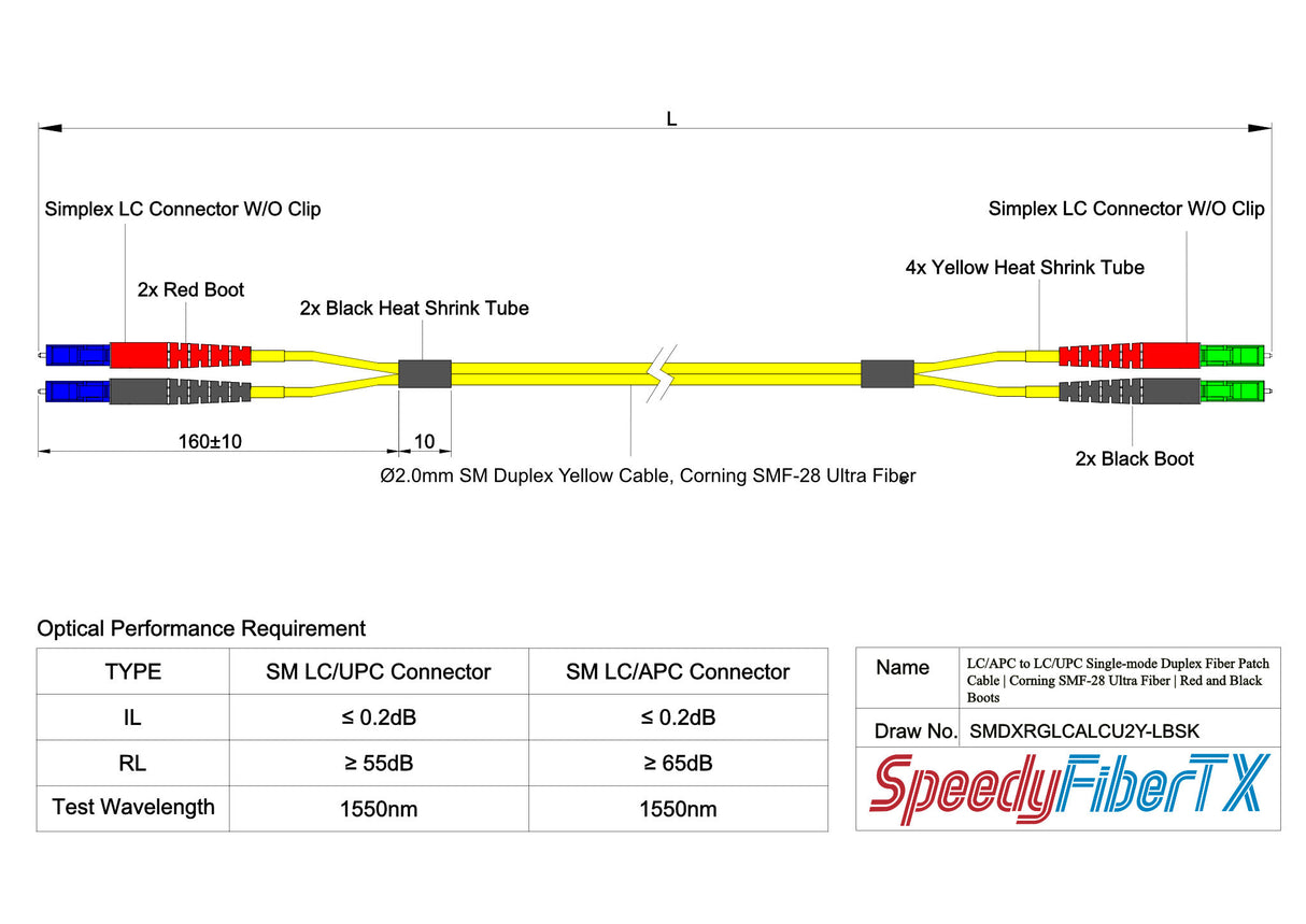 0.2dB LC/APC to LC/UPC Single-mode Duplex Fiber Patch Cable | Corning SMF-28 Ultra Fiber | Red and Black Boots | OS1/OS2 Compatible | OFNR Jacket