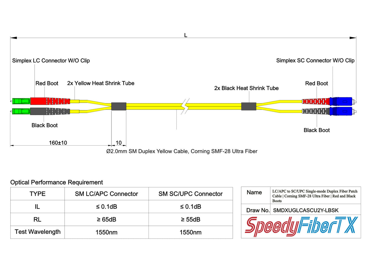 Ultra Low Loss 0.1dB LC/APC to SC/UPC Single-mode Duplex Fiber Patch Cable | Corning SMF-28 Ultra Fiber | Red and Black Boots | OS1/OS2 Compatible | OFNR Jacket