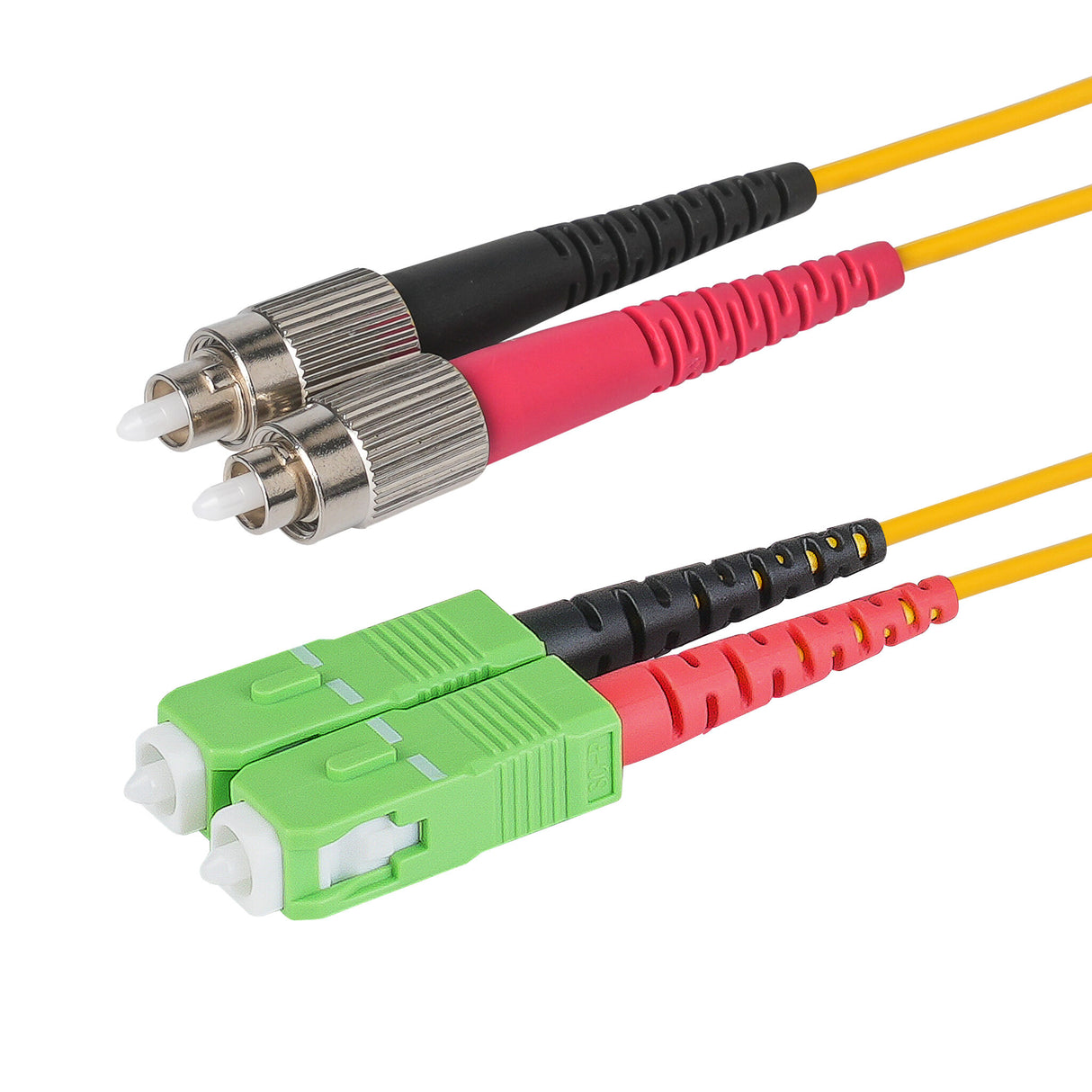 0.2dB SC/APC to FC/UPC Single-mode Duplex Fiber Patch Cable | Corning SMF-28 Ultra Fiber | Red and Black Boots | OS1/OS2 Compatible | OFNR Jacket