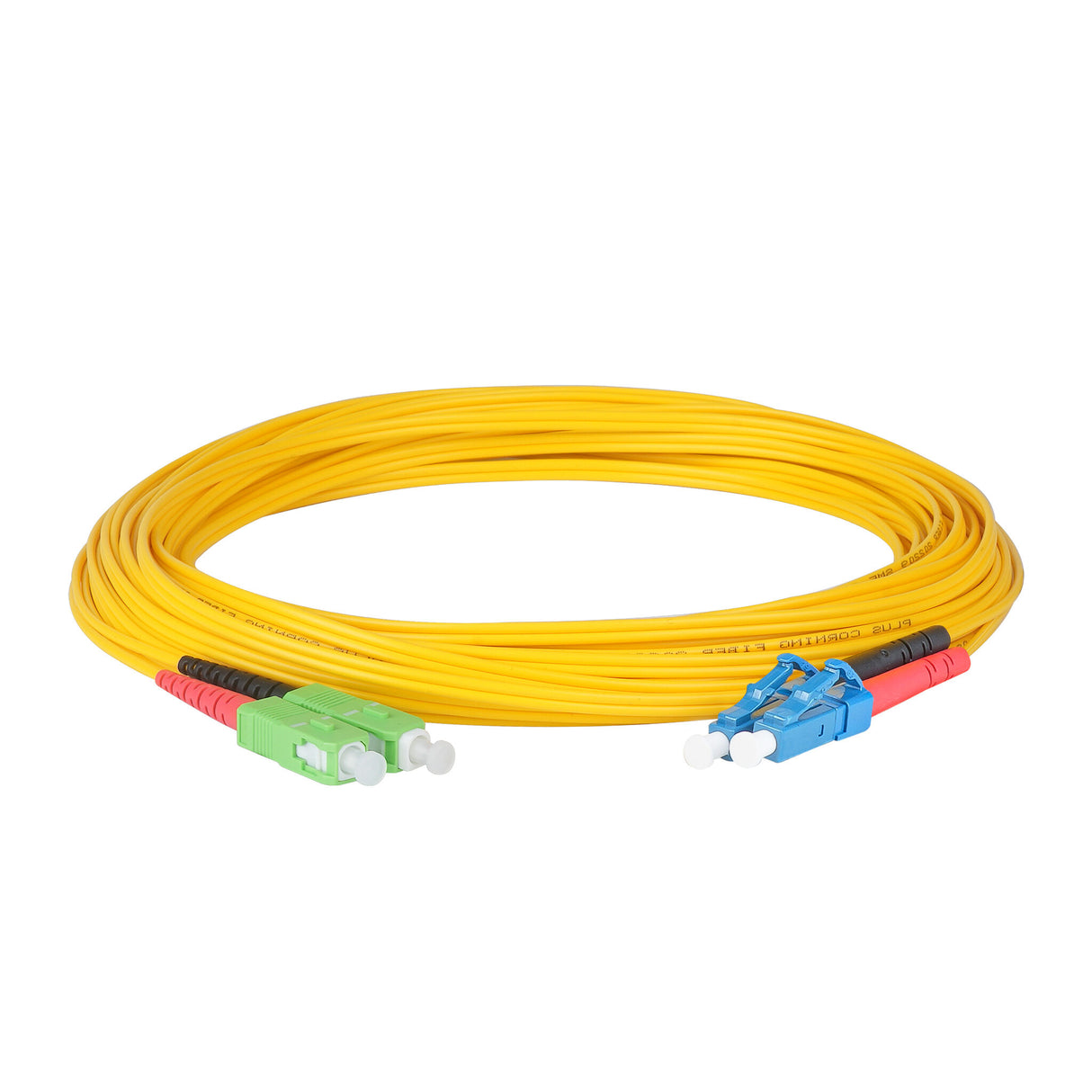 0.2dB SC/APC to LC/UPC Single-mode Duplex Fiber Patch Cable | Corning SMF-28 Ultra Fiber | Red and Black Boots | OS1/OS2 Compatible | OFNR Jacket