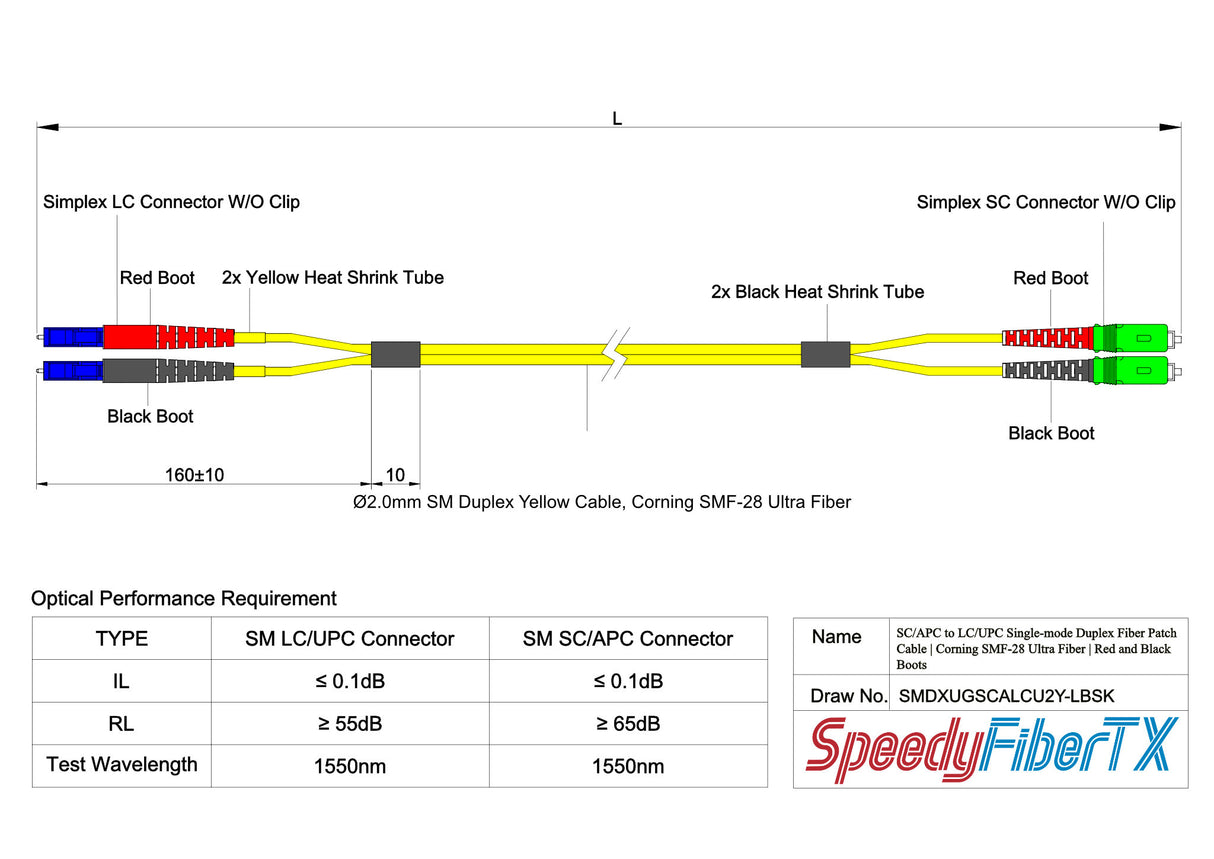 Ultra Low Loss 0.1dB SC/APC to LC/UPC Single-mode Duplex Fiber Patch Cable | Corning SMF-28 Ultra Fiber | Red and Black Boots | OS1/OS2 Compatible | OFNR Jacket