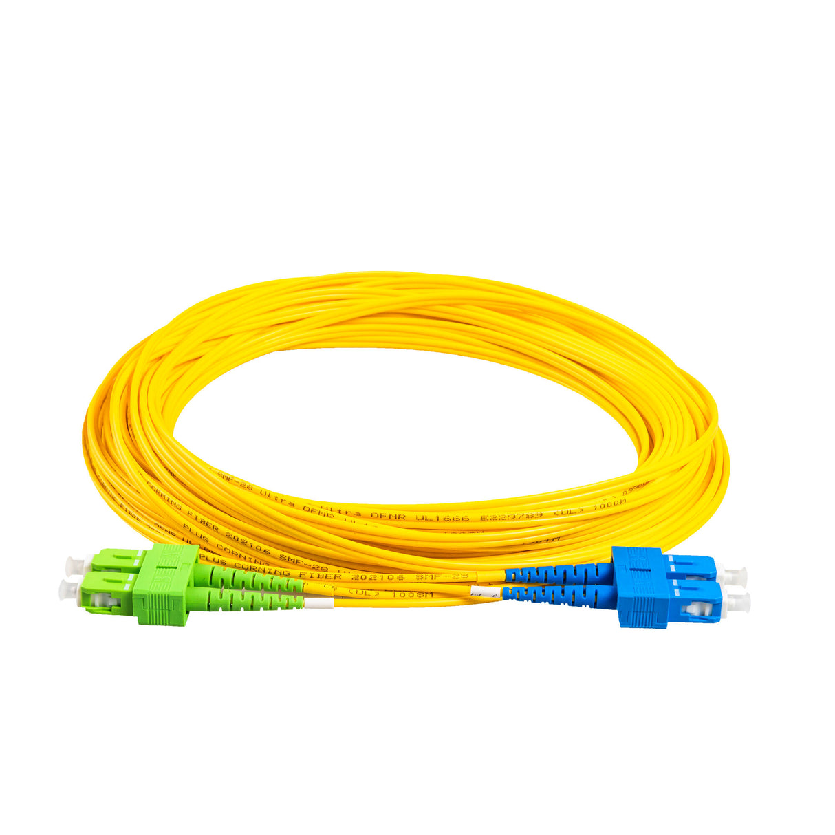 TAA Compliant Fiber Patch Cable | 0.2dB SC/APC to SC/UPC Single-mode Duplex | Corning SMF-28 Ultra Fiber | OS1/OS2 Compatible | OFNR Jacket