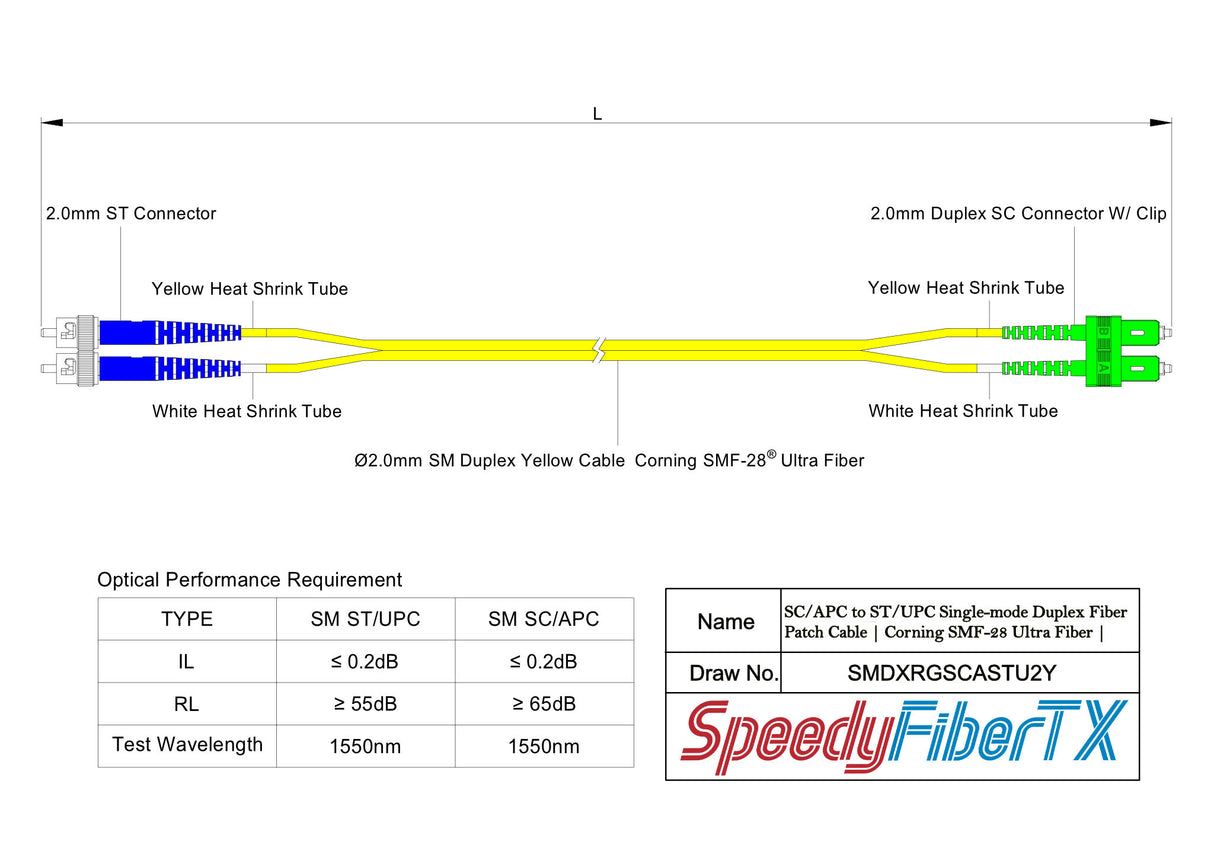 0.2dB SC/APC to ST/UPC Single-mode Duplex Fiber Patch Cable | Corning SMF-28 Ultra Fiber | OS1/OS2 Compatible | LSZH Jacket