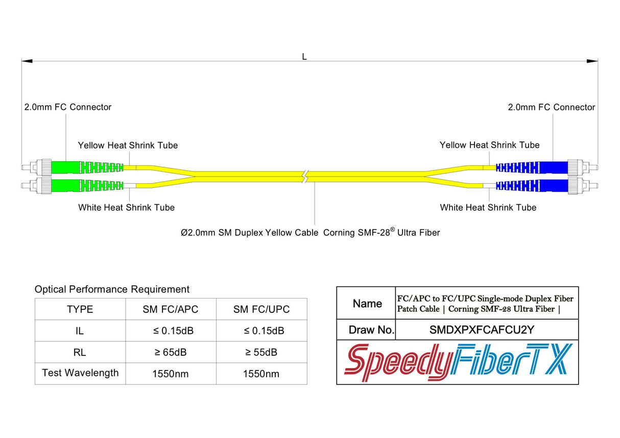 Low Loss 0.15dB FC/APC to FC/UPC Single-mode Duplex Fiber Patch Cable | Corning SMF-28 Ultra Fiber | OS1/OS2 Compatible | OFNR Jacket