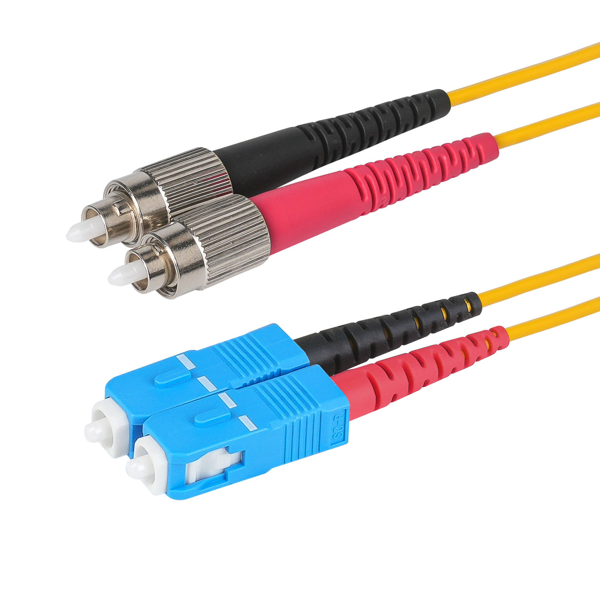 0.2dB FC/APC to SC/UPC Single-mode Duplex Fiber Patch Cable | Corning SMF-28 Ultra Fiber | Red and Black Boots | OS1/OS2 Compatible | OFNR Jacket