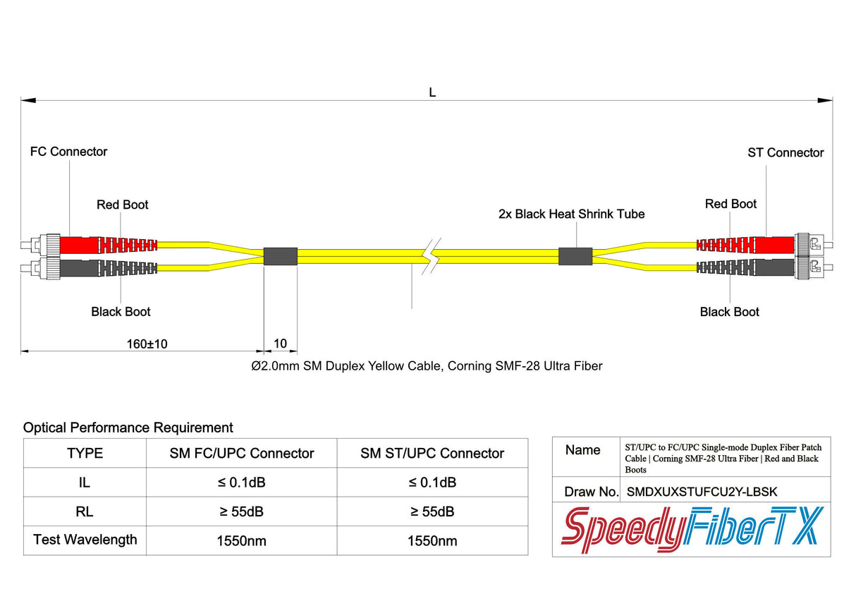 Ultra Low Loss 0.1dB ST/UPC to FC/UPC Single-mode Duplex Fiber Patch Cable | Corning SMF-28 Ultra Fiber | Red and Black Boots | OS1/OS2 Compatible | OFNR Jacket