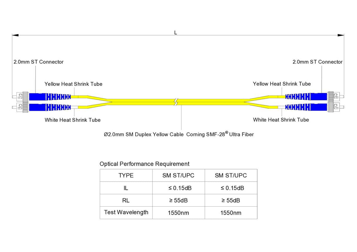 Low Loss 0.15dB ST/UPC to ST/UPC Single-mode Duplex Fiber Patch Cable | Corning SMF-28 Ultra Fiber | OS1/OS2 Compatible | OFNR Jacket