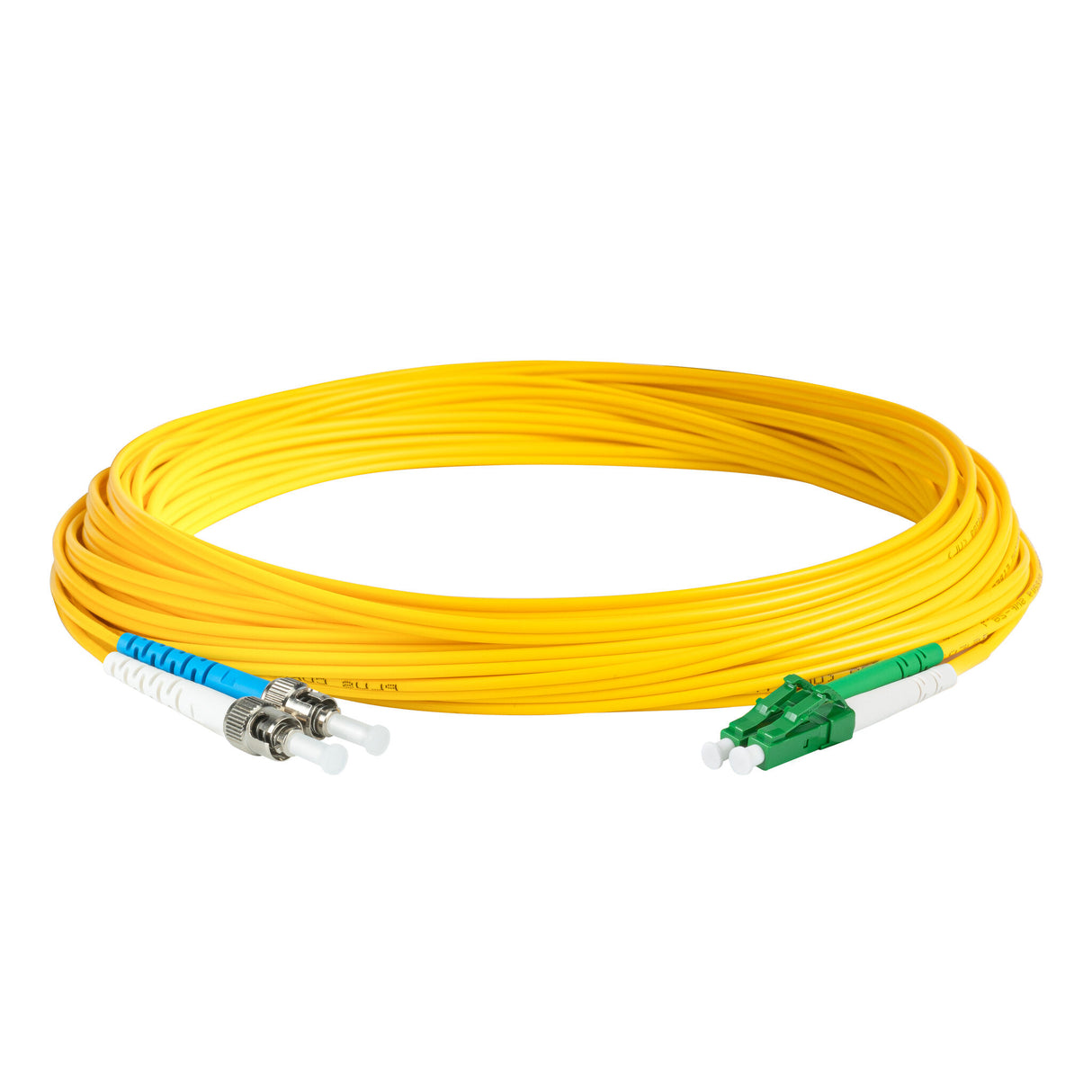 Ultra Low Loss 0.1dB LC/APC to ST/UPC Single-mode Duplex Fiber Patch Cable | Corning SMF-28 Ultra Fiber | Green, Blue and White Boots | OS1/OS2 Compatible | OFNR Jacket