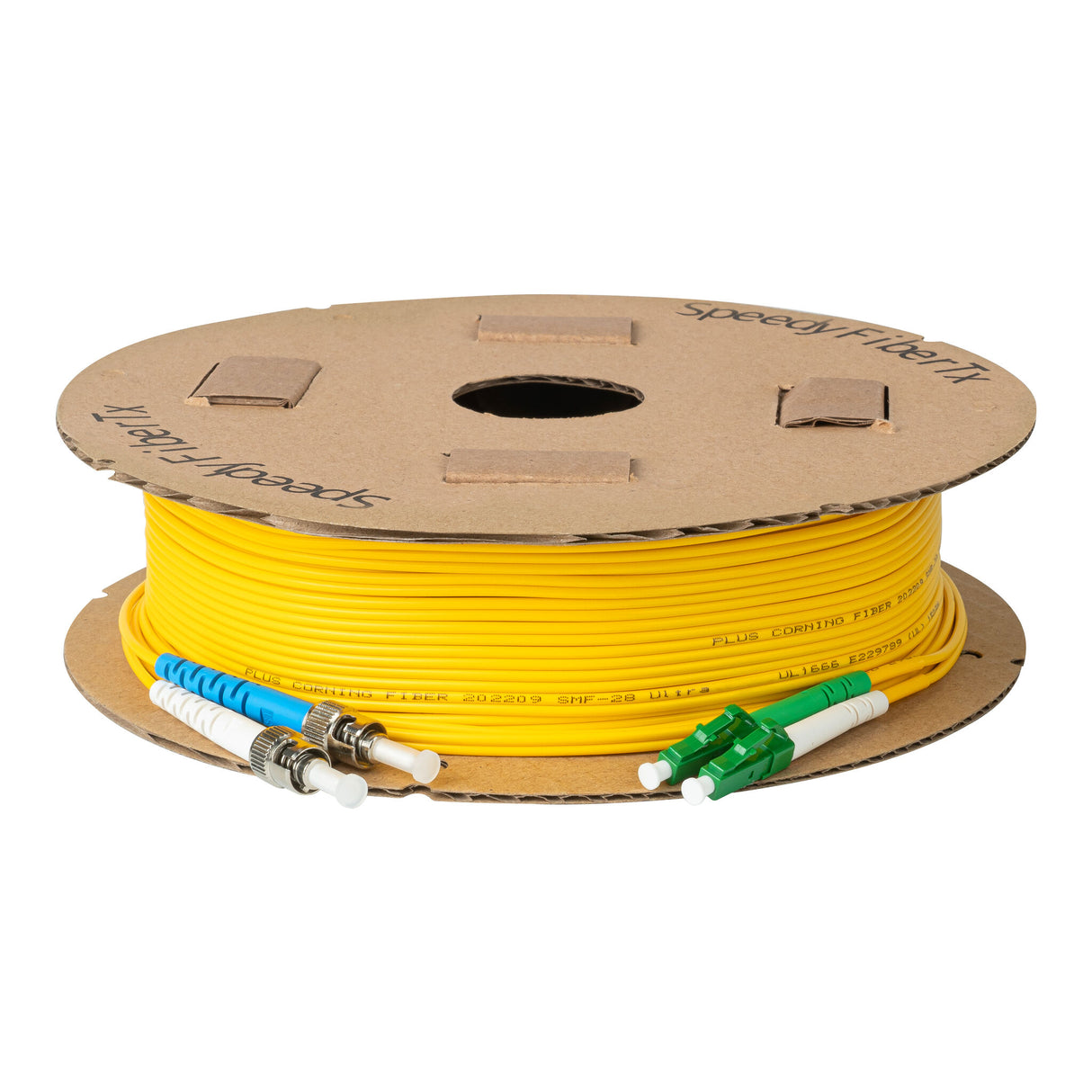 Ultra Low Loss 0.1dB LC/APC to ST/UPC Single-mode Duplex Fiber Patch Cable | Corning SMF-28 Ultra Fiber | Green, Blue and White Boots | OS1/OS2 Compatible | OFNR Jacket