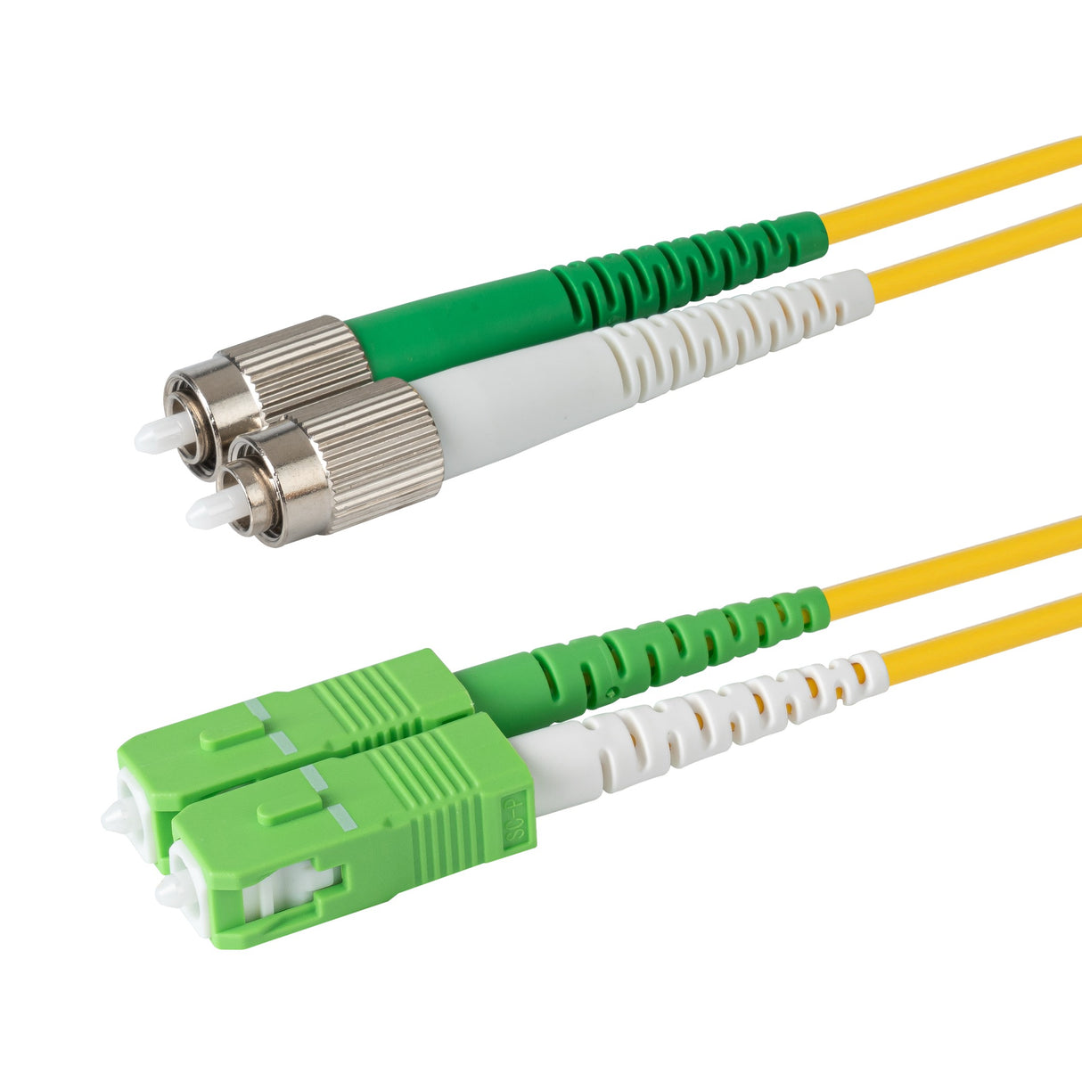 Ultra Low Loss 0.1dB SC/APC to FC/APC Single-mode Duplex Fiber Patch Cable | Corning SMF-28 Ultra Fiber | Green and White Boots | OS1/OS2 Compatible | OFNR Jacket