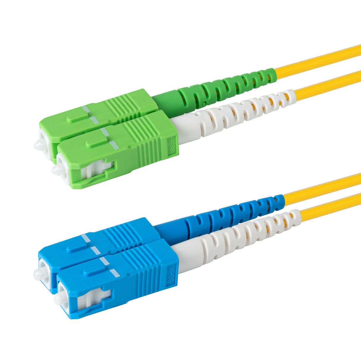 Ultra Low Loss 0.1dB SC/APC to SC/UPC Single-mode Duplex Fiber Patch Cable | Corning SMF-28 Ultra Fiber | Green, Blue and White Boots | OS1/OS2 Compatible | OFNR Jacket