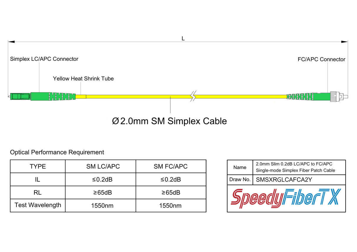 0.2dB Slim LC/APC to FC/APC Single-mode Simplex Fiber Patch Cable | Corning SMF-28 Ultra Fiber | OS1/OS2 Compatible | OFNR Jacket