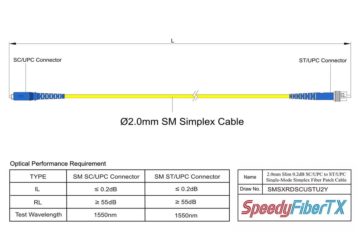 0.2dB Slim SC/UPC to ST/UPC Single-mode Simplex Fiber Patch Cable | Corning SMF-28 Ultra Fiber | OS1/OS2 Compatible | OFNR Jacket