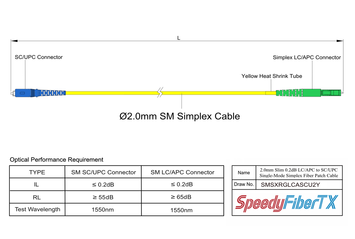 0.2dB Slim LC/APC to SC/UPC Single-mode Simplex Fiber Patch Cable | Corning SMF-28 Ultra Fiber | OS1/OS2 Compatible | OFNR Jacket