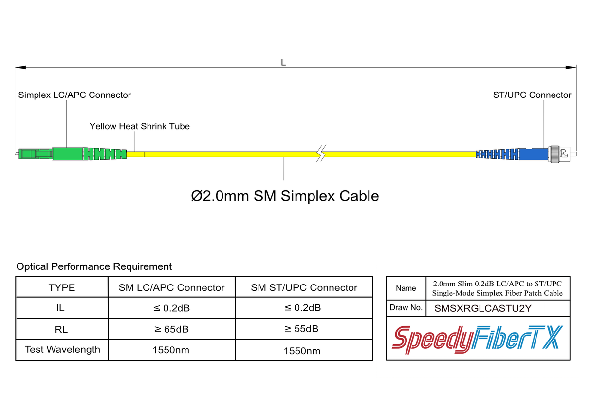 0.2dB Slim LC/APC to ST/UPC Single-mode Simplex Fiber Patch Cable | Corning SMF-28 Ultra Fiber | OS1/OS2 Compatible | OFNR Jacket