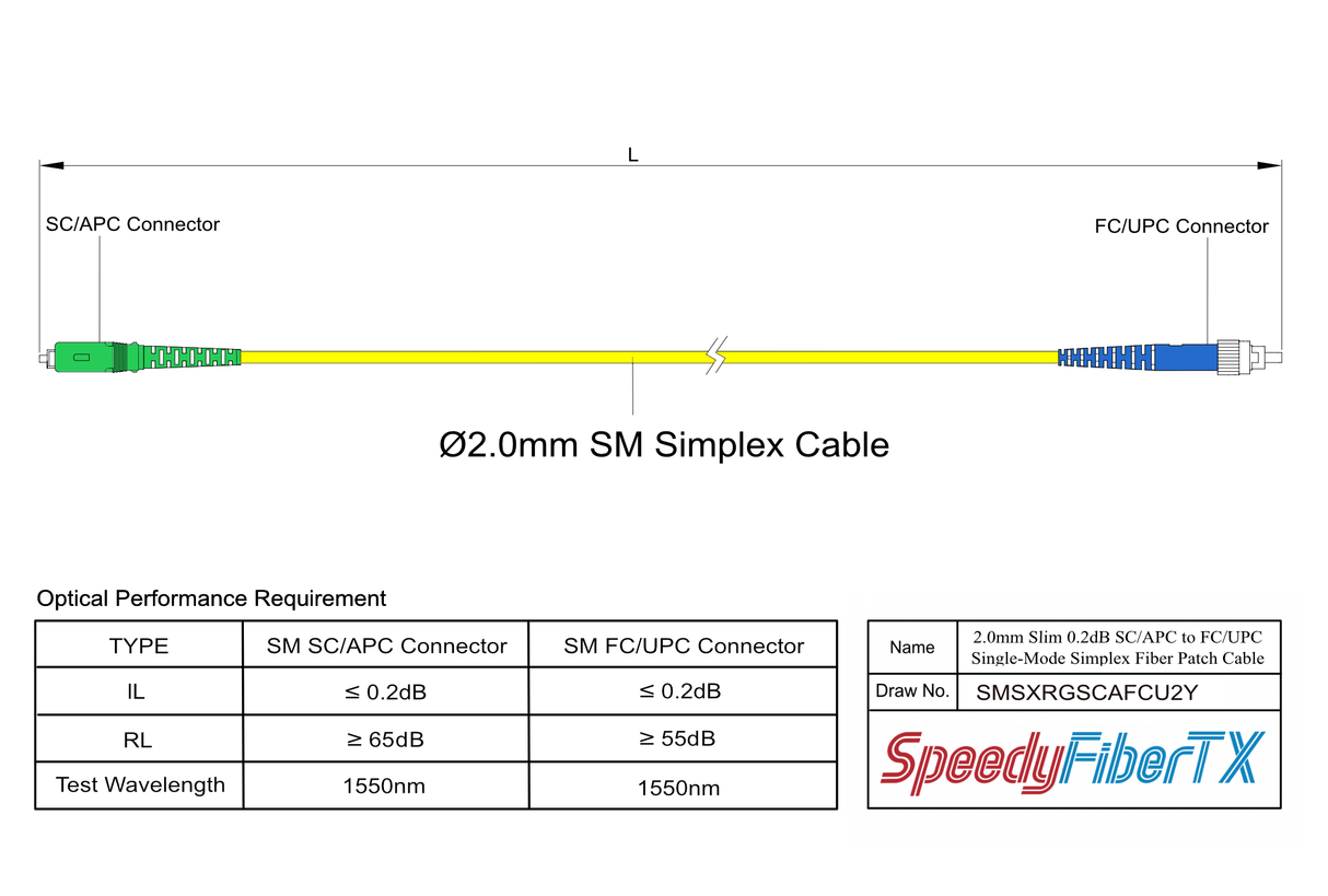 0.2dB Slim SC/APC to FC/UPC Single-mode Simplex Fiber Patch Cable | Corning SMF-28 Ultra Fiber | OS1/OS2 Compatible | OFNR Jacket
