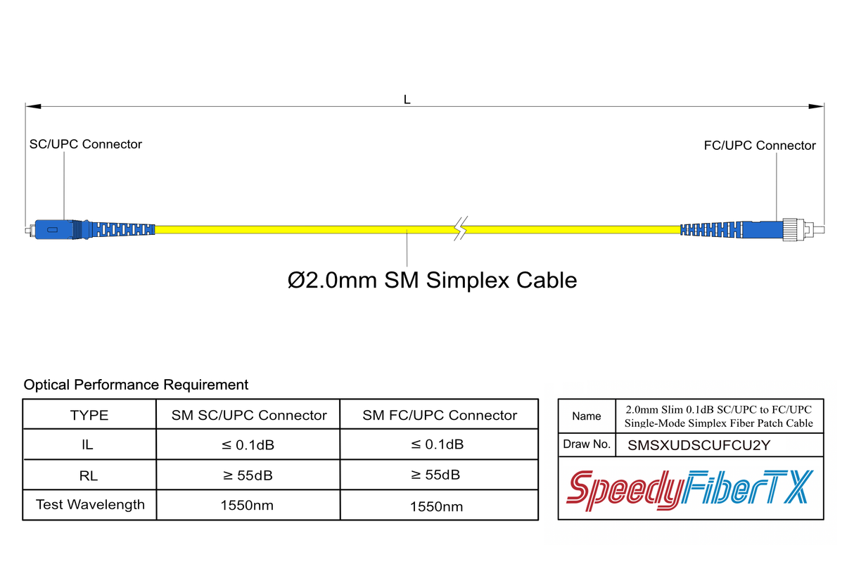 Ultra Low Loss 0.1dB Slim SC/UPC to FC/UPC Single-mode Simplex Fiber Patch Cable | Corning SMF-28 Ultra Fiber | OS1/OS2 Compatible | OFNR Jacket