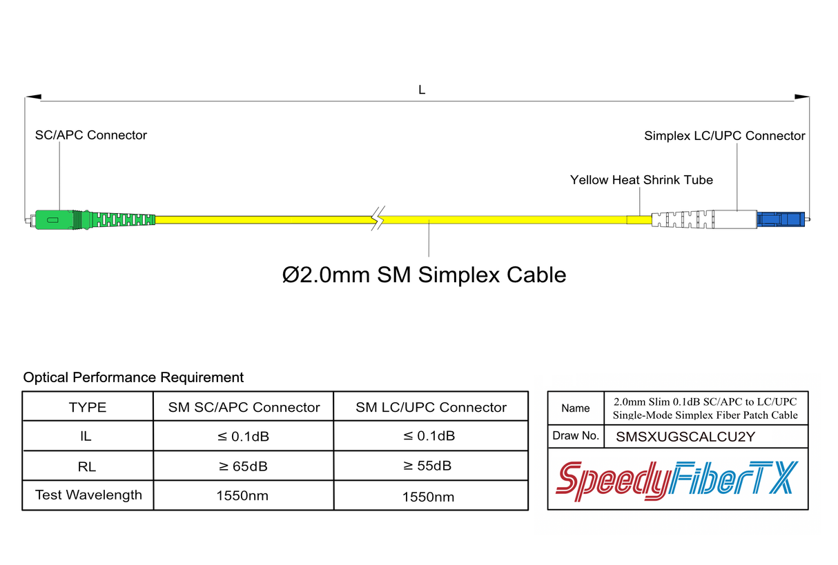 Ultra Low Loss 0.1dB Slim SC/APC to LC/UPC Single-mode Simplex Fiber Patch Cable | Corning SMF-28 Ultra Fiber | OS1/OS2 Compatible | OFNR Jacket