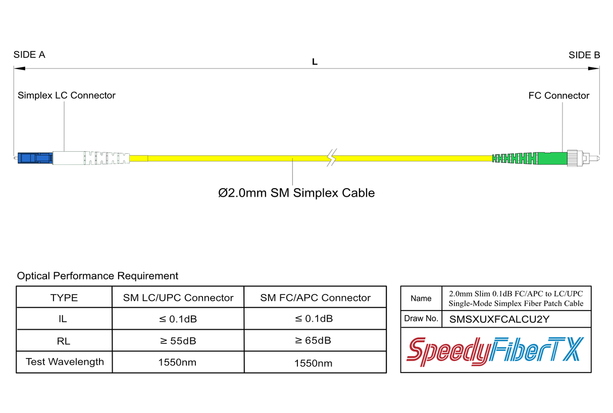 Ultra Low Loss 0.1dB Slim FC/APC to LC/UPC Single-mode Simplex Fiber Patch Cable | Corning SMF-28 Ultra Fiber | OS1/OS2 Compatible | OFNR Jacket