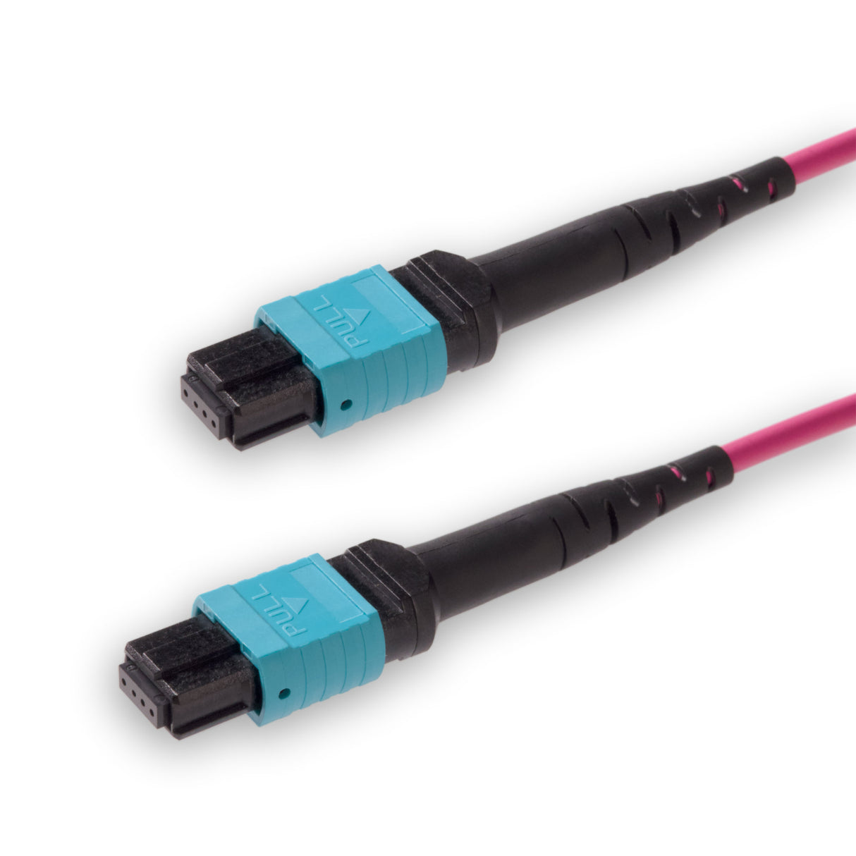 8-Fiber Low Loss Non-Pinned MPO/UPC to Non-Pinned MPO/UPC Jumper Cable | Corning ClearCurve OM4 Multimode Optical Fiber | Type B, Aqua MPO Connector, Magenta LSZH Cable Jacket