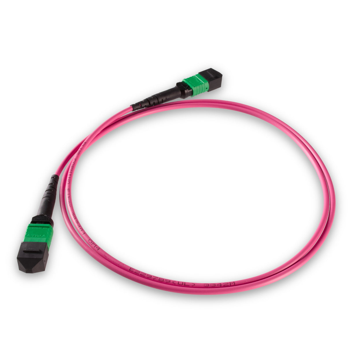 8-Fiber Low Loss Non-Pinned MPO/APC to Non-Pinned MPO/APC Jumper Cable | Corning ClearCurve OM4 Multimode Optical Fiber | Type B, Green MPO Connector, Magenta LSZH Cable Jacket