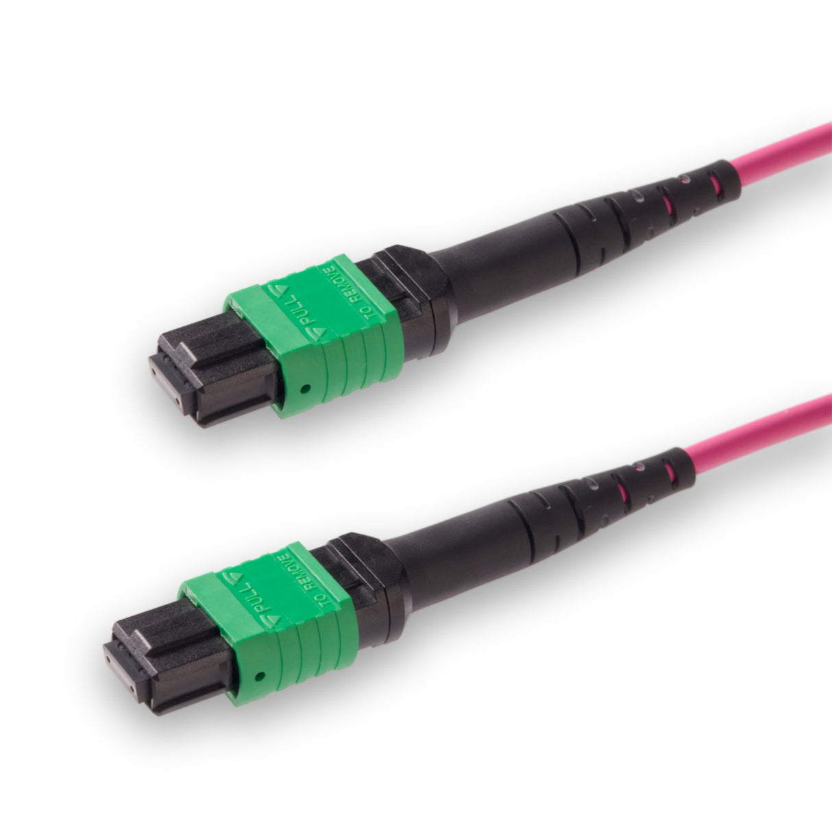 8-Fiber Low Loss Non-Pinned MPO/APC to Non-Pinned MPO/APC Jumper Cable | Corning ClearCurve OM4 Multimode Optical Fiber | Type B, Green MPO Connector, Magenta LSZH Cable Jacket