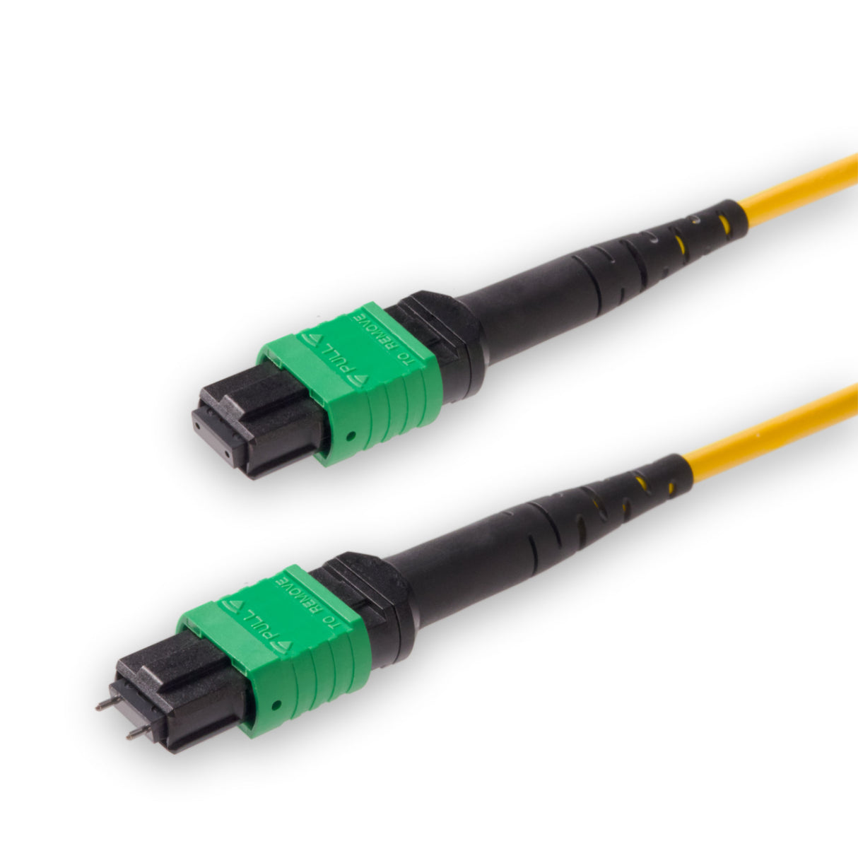 12-Fiber Low Loss Pinned MPO/APC to Non-Pinned MPO/APC Jumper Cable | Corning SMF-28 Ultra Single-mode Optical Fiber | OS1/OS2 Compatible | Type A, Green MPO Connector, Yellow LSZH Cable Jacket