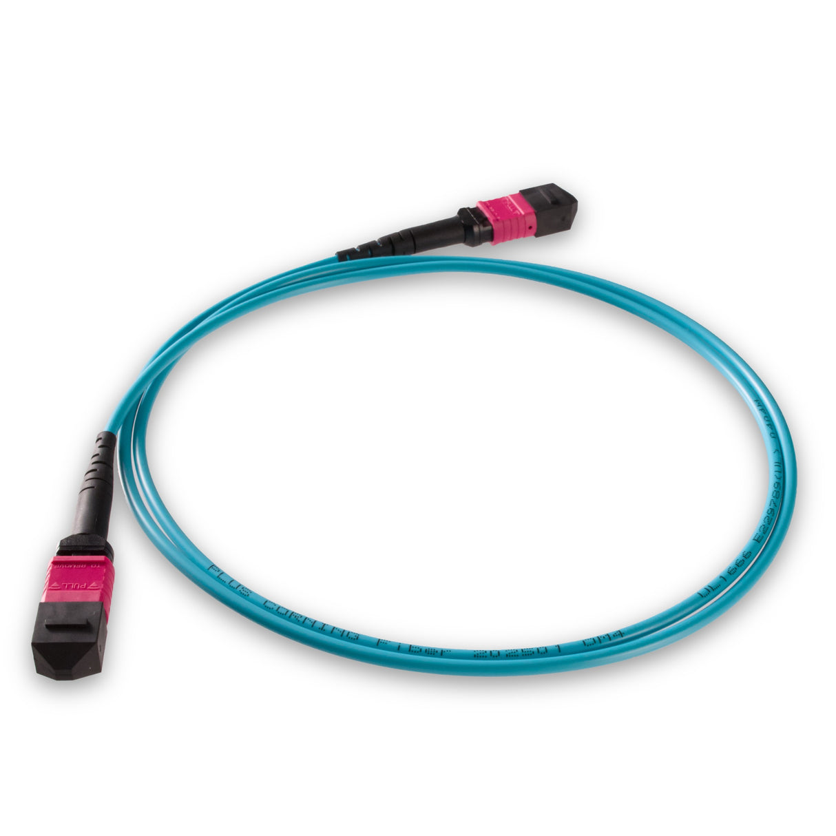 8-Fiber Low Loss Non-Pinned MPO/UPC to Non-Pinned MPO/UPC Jumper Cable | Corning ClearCurve OM4 Multimode Optical Fiber | Type B, Magenta MPO Connector, Aqua OFNP Cable Jacket