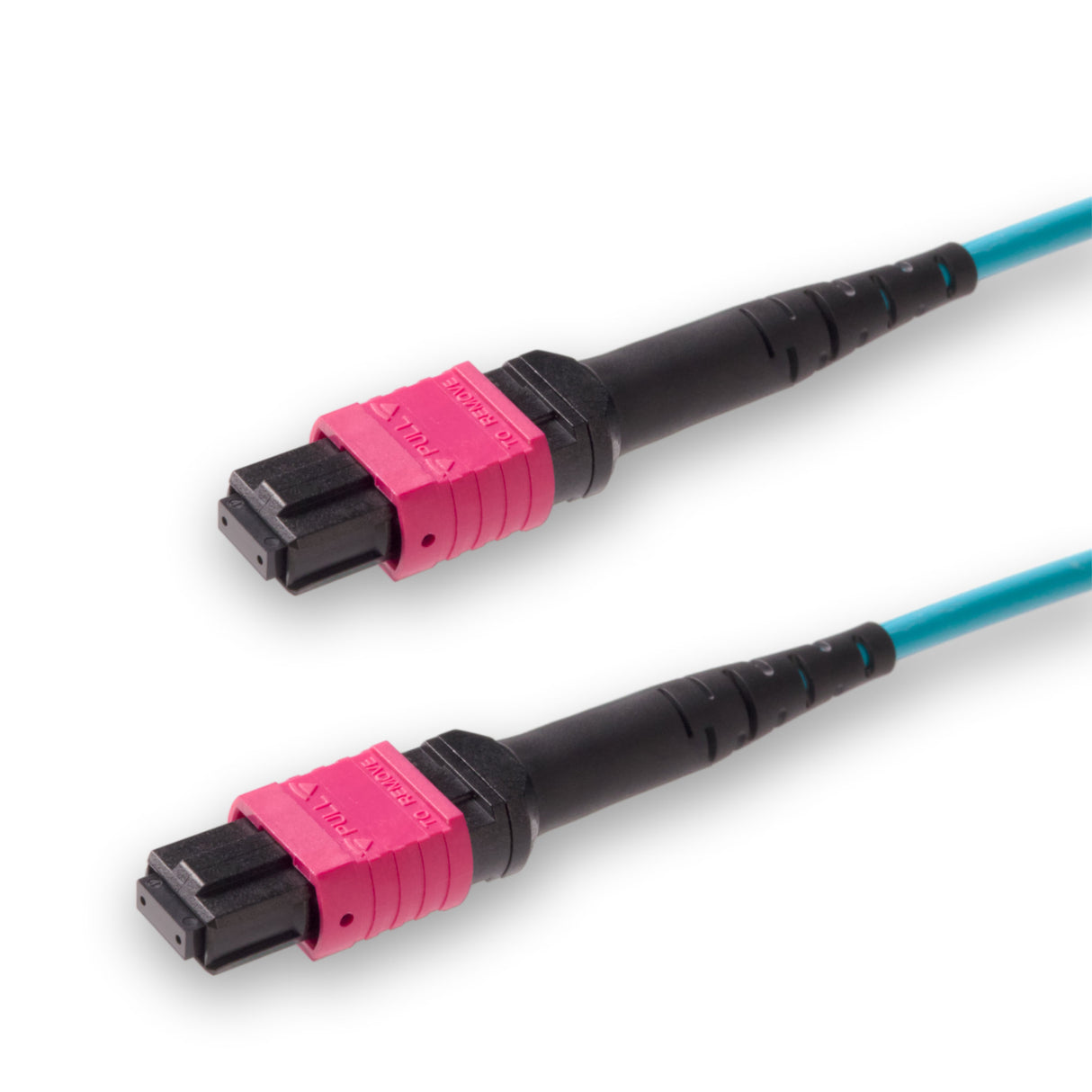 8-Fiber Low Loss Non-Pinned MPO/UPC to Non-Pinned MPO/UPC Jumper Cable | Corning ClearCurve OM4 Multimode Optical Fiber | Type B, Magenta MPO Connector, Aqua OFNP Cable Jacket