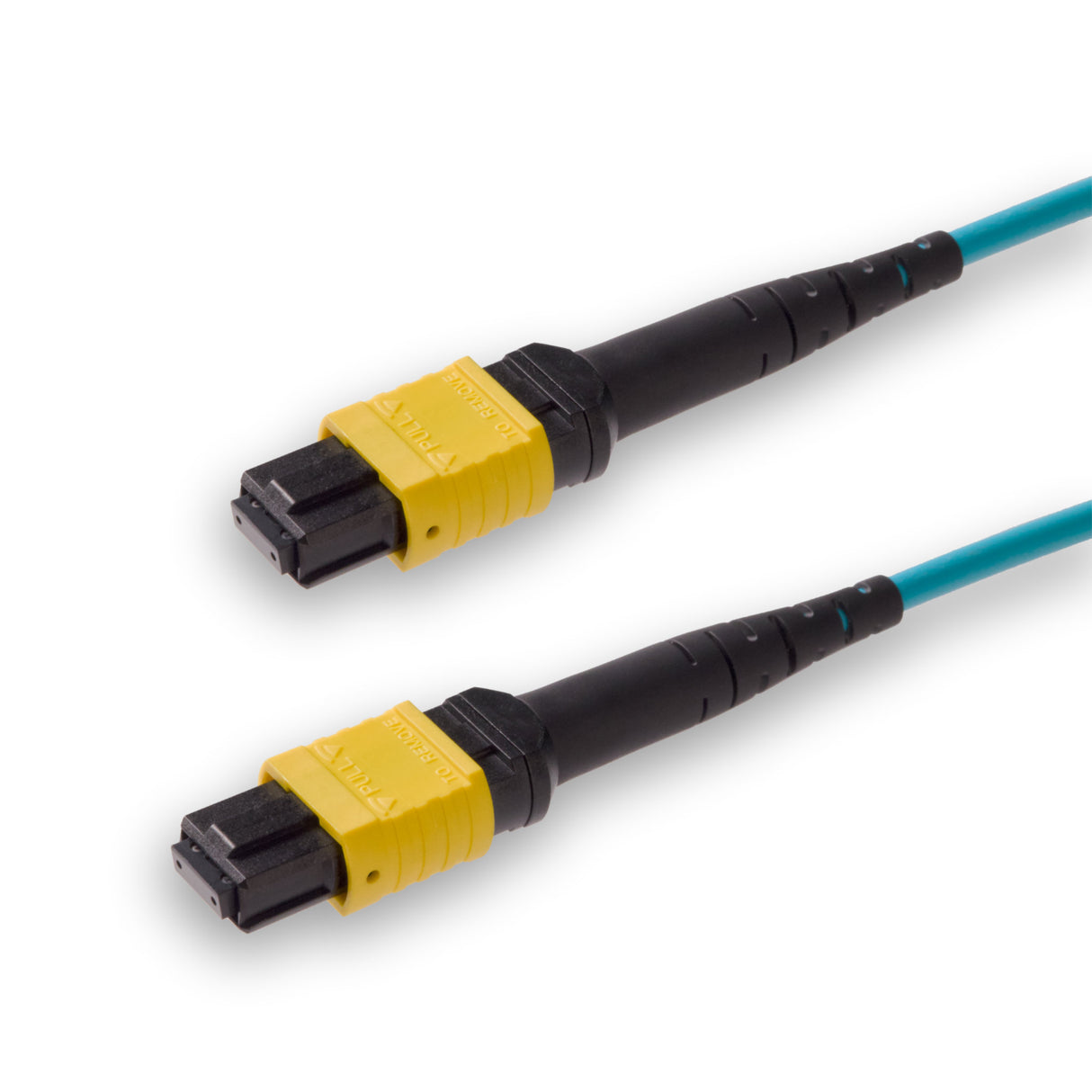 8-Fiber Low Loss Non-Pinned MPO/APC to Non-Pinned MPO/APC Jumper Cable | Corning ClearCurve OM4 Multimode Optical Fiber | Type B, Yellow MPO Connector, Aqua OFNP Cable Jacket