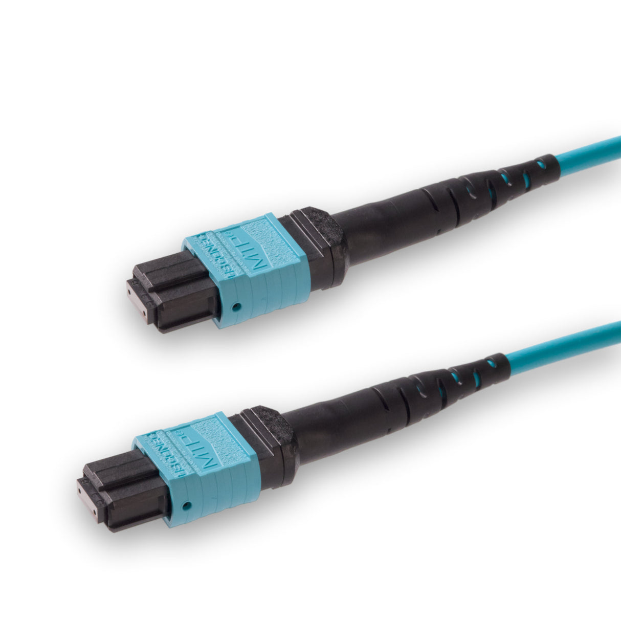 12-Fiber Elite Non-Pinned MTP/UPC to Non-Pinned MTP/UPC Jumper Cable | Corning ClearCurve OM3 Multimode Optical Fiber | Type A, Aqua MTP Connector, Aqua LSZH Cable Jacket