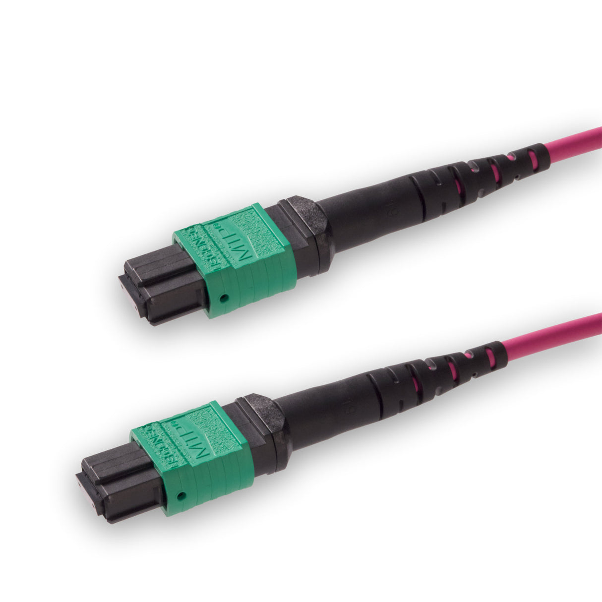 8-Fiber Elite Non-Pinned MTP/APC to Non-Pinned MTP/APC Jumper Cable | Corning ClearCurve OM4 Multimode Optical Fiber | Type B, Green MTP Connector, Magenta OFNP Cable Jacket