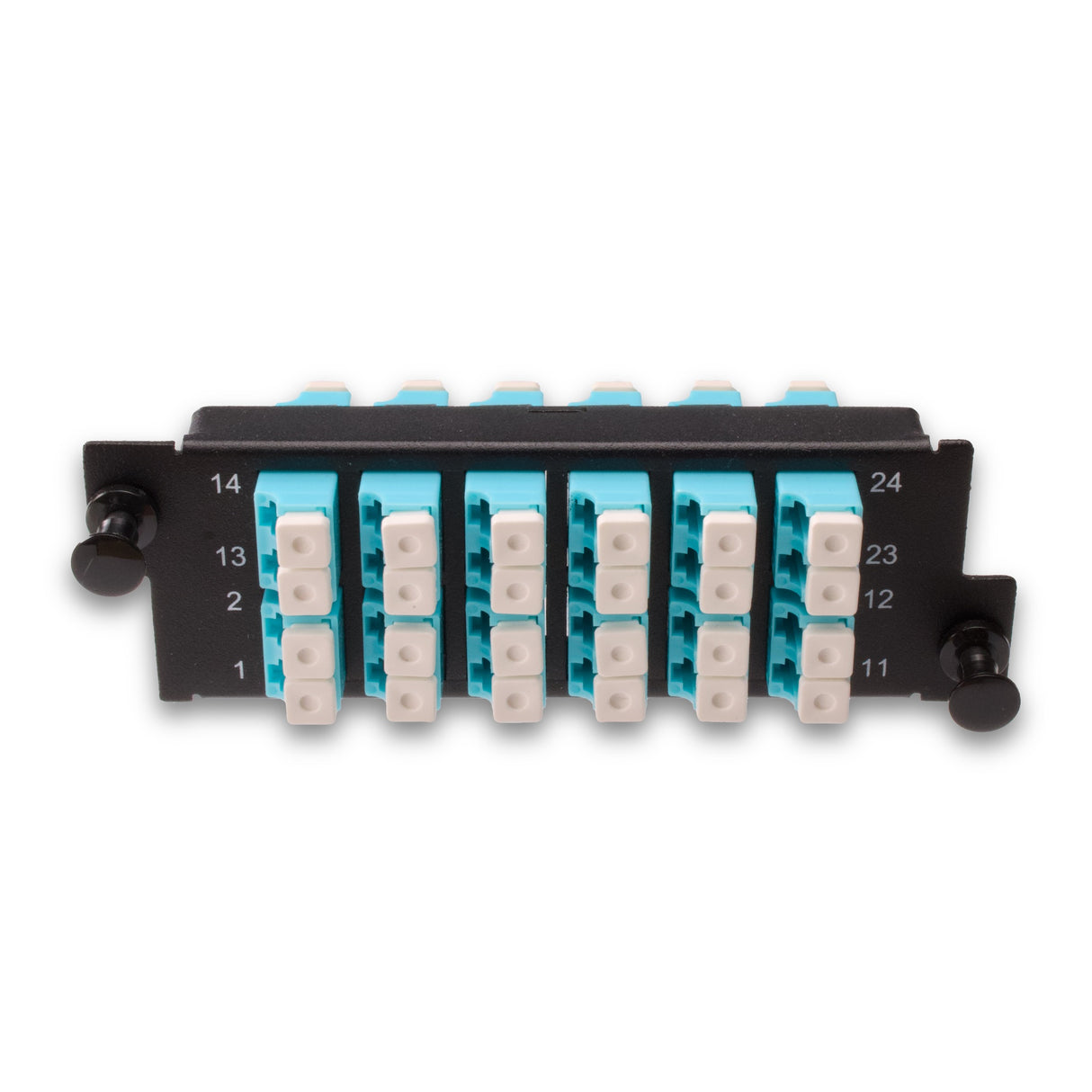 24-Port LGX Compatible Fiber Patch Panel with Numbered Ports, Preloaded with Aqua LC/UPC Adapters/Couplers
