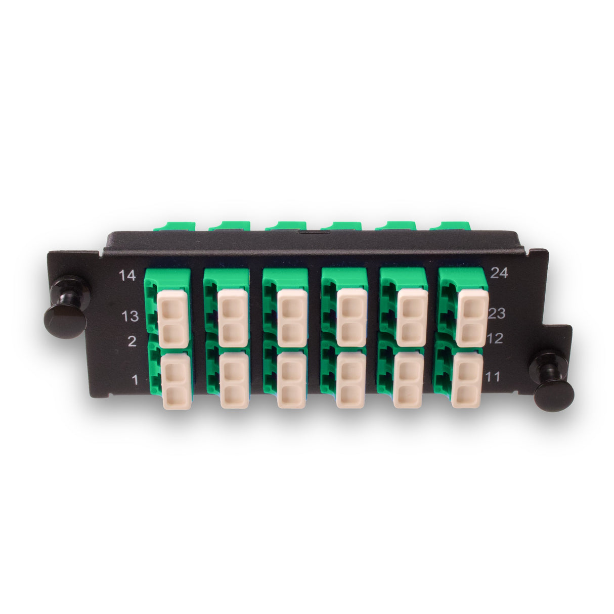 24-Port LGX Compatible Fiber Patch Panel with Numbered Ports, Preloaded with Green LC/APC Adapters/Couplers