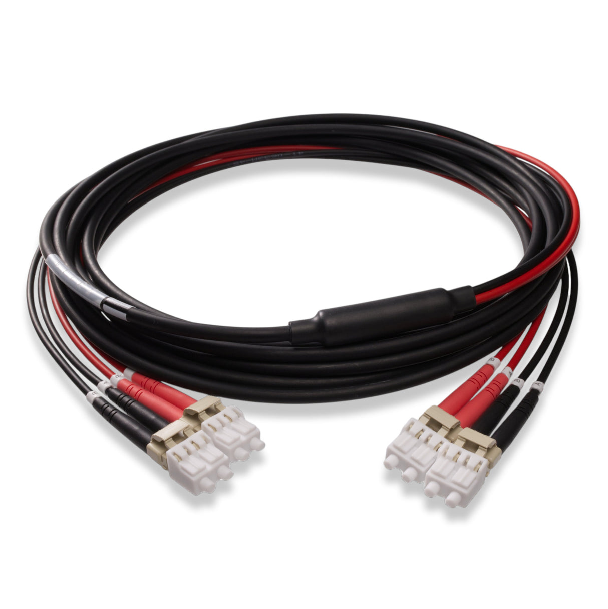 4-Fiber Industrial Armored LC/UPC to LC/UPC Multimode OM1 Fiber Optic Patch Cable | Ø4.5mm Black Armored Cable | Red & Black LSZH Fanout Tubes