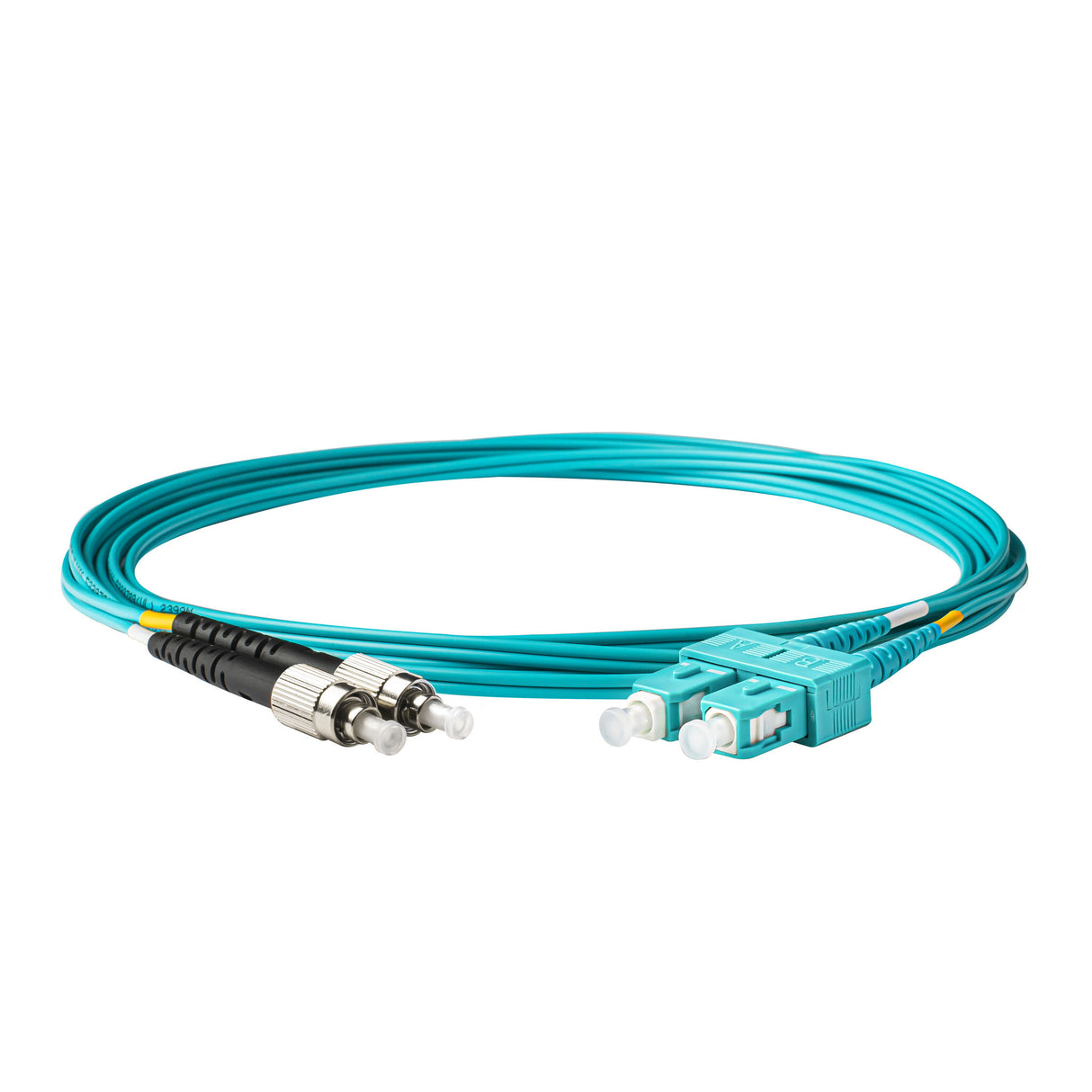 0.2dB SC/UPC to FC/UPC Multimode OM3 Duplex Fiber Patch Cable | Corning ClearCurve OM3 50 µm Laser-Optimized Fiber | Aqua LSZH Jacket, Aqua Connectors